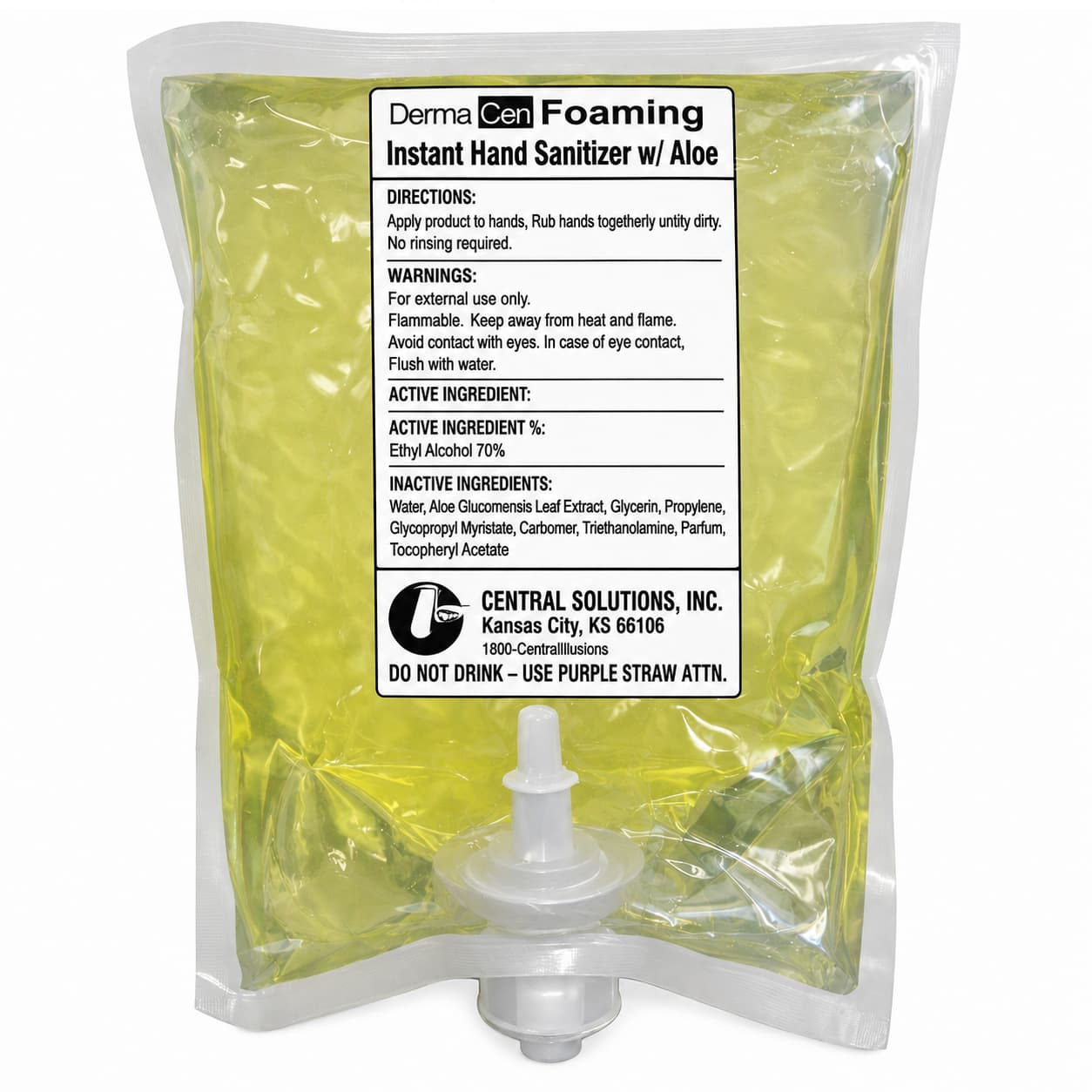 DermaCen Instant Hand Sanitizer with Aloe, Foaming Dipsenser Refill Bag, 1000 mL - Case of 4