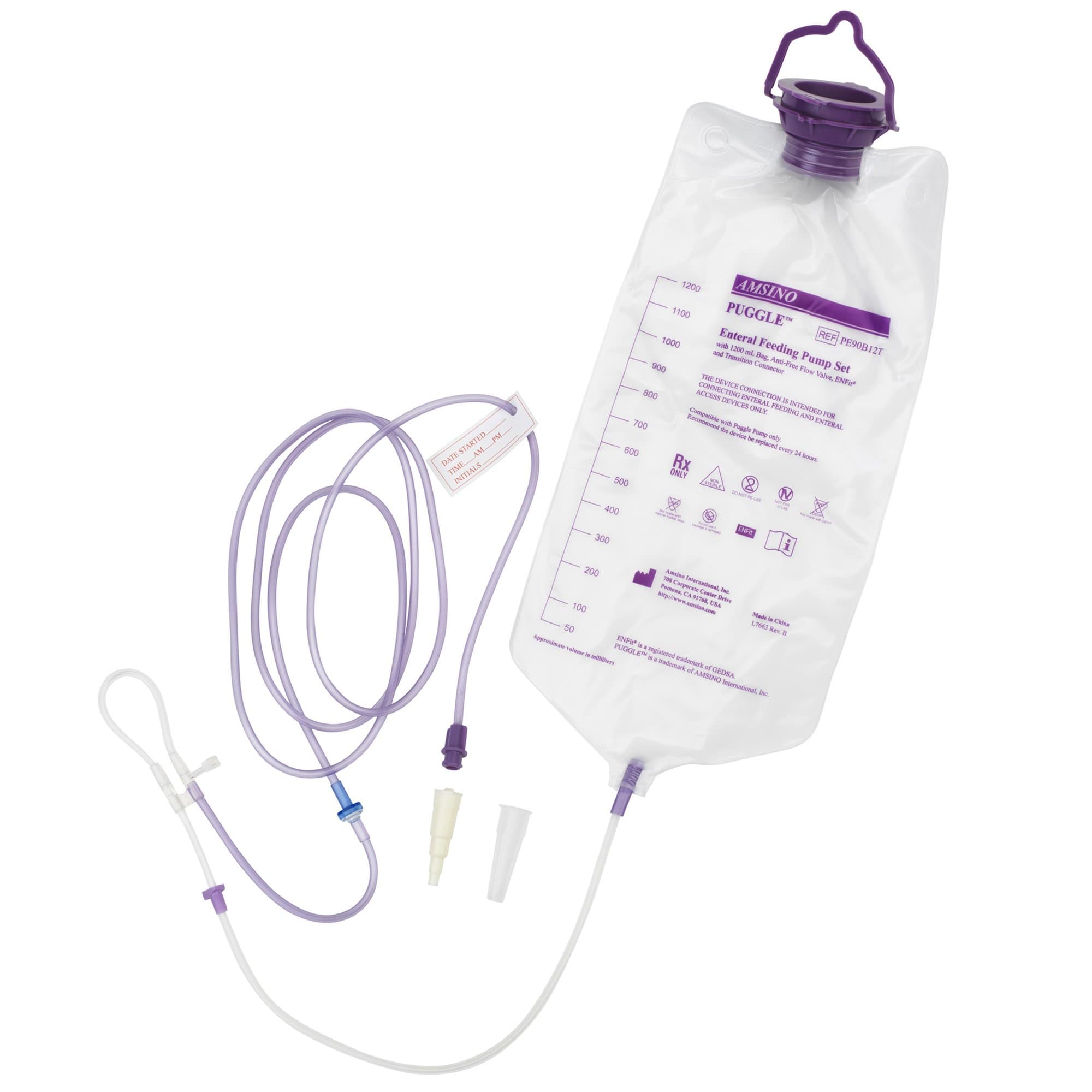 PUGGLE Enteral Feeding Pump Bag Set with ENFit Connector, 1200 mL - Case of 30 - Image 1