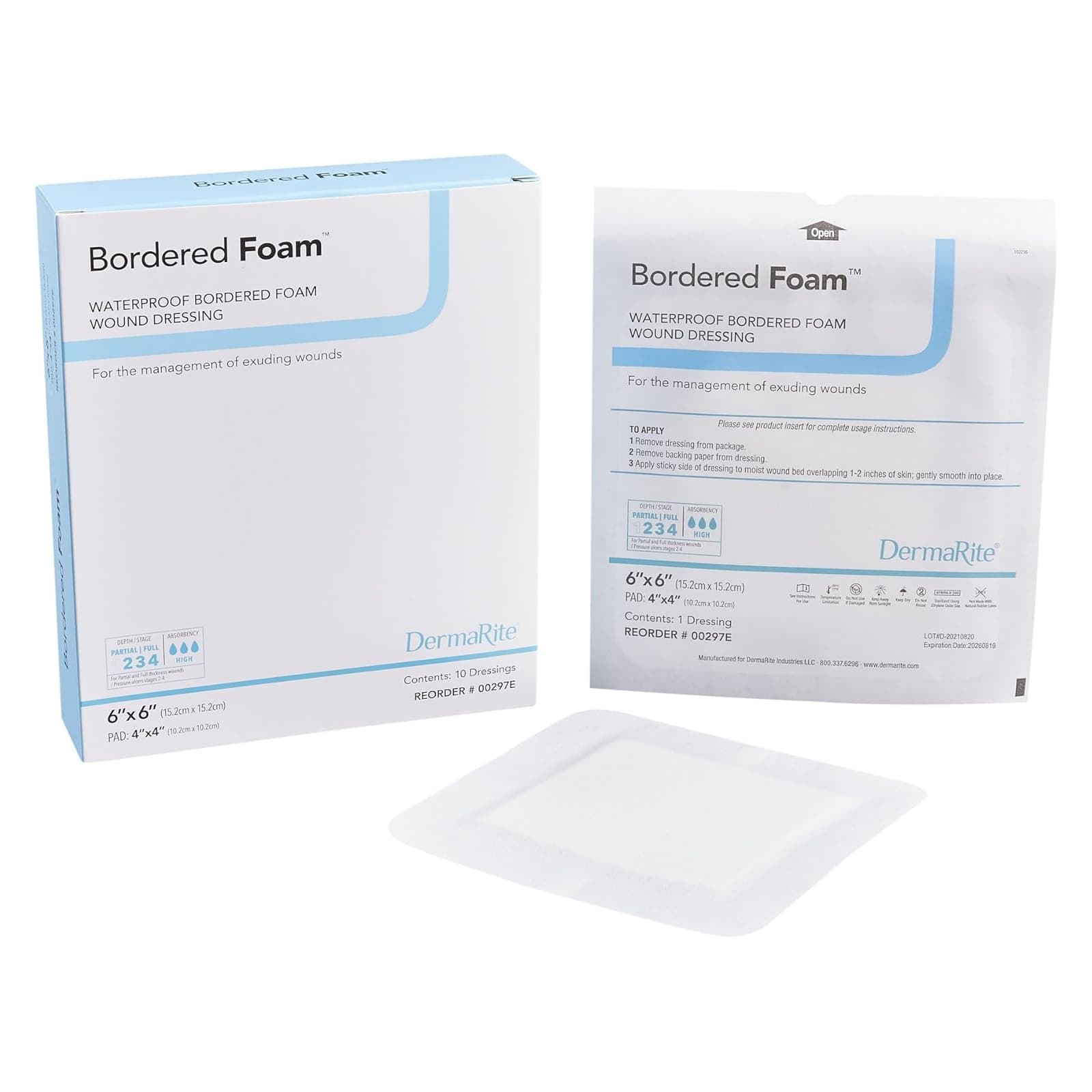 DermaRite Bordered Foam Waterproof Adhesive Wound Dressing, 6 x 6 Inch - Box of 10 - Image 1