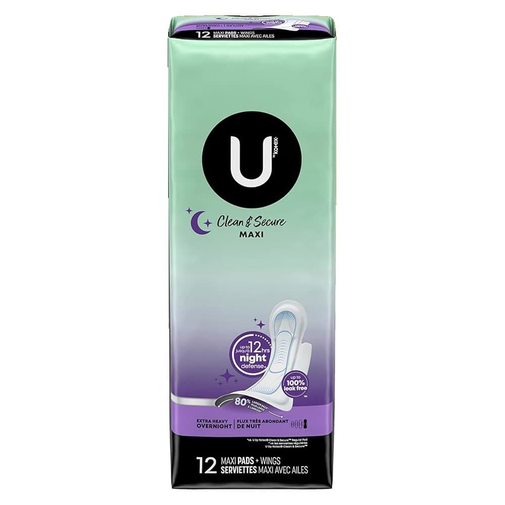 U by Kotex Clean & Secure Overnight Maxi Pads with Wings - Package of 12 - Image 1