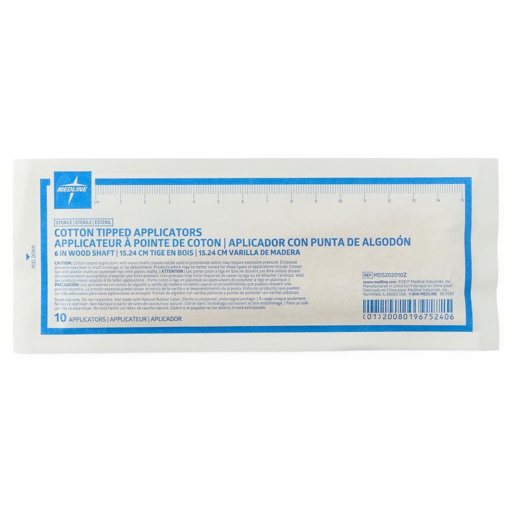 Medline Sterile Cotton-Tipped Wood Shaft Applicator, 6 Inch - Bag of 10 - Image 1