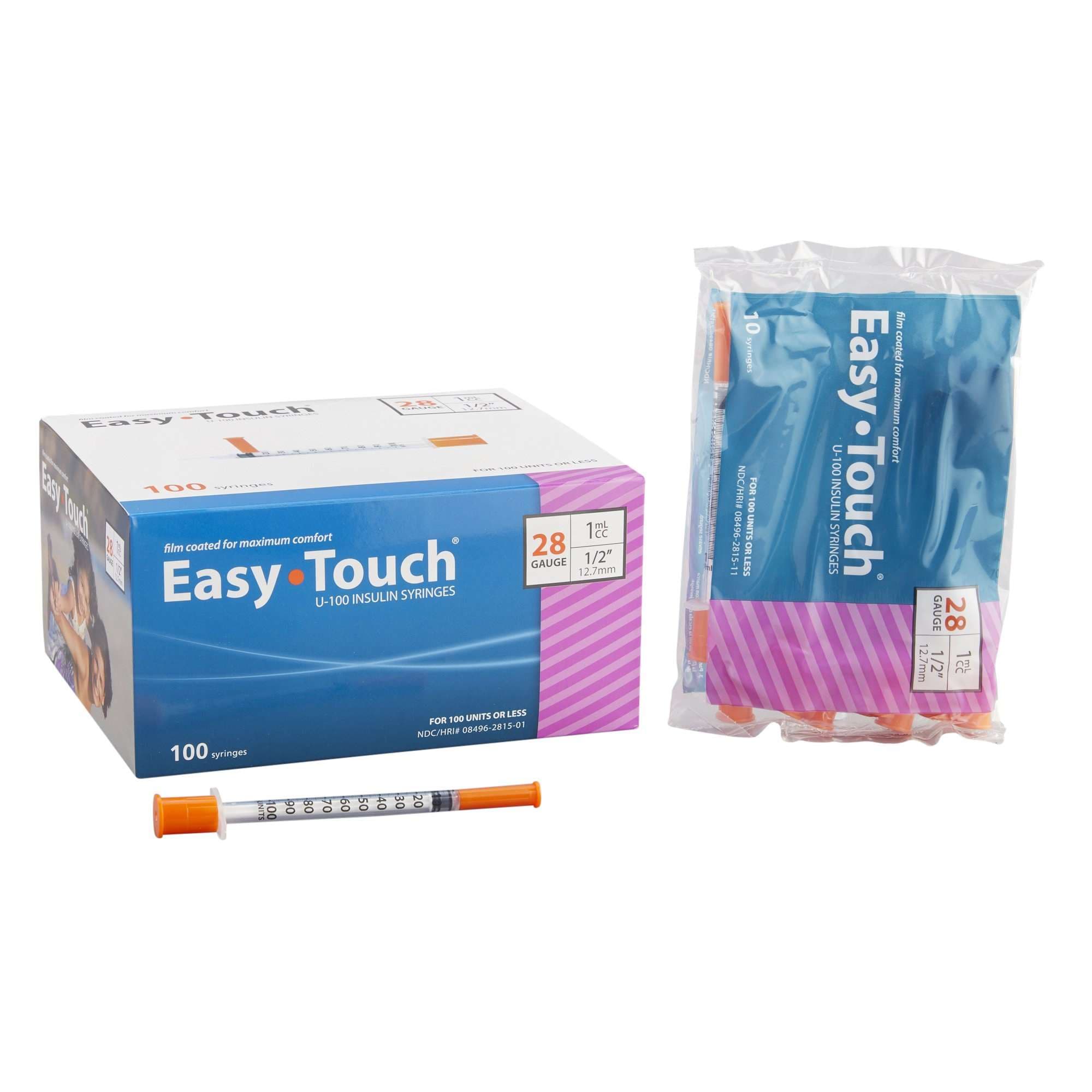 EasyTouch Standard Insulin Syringe with Needle, U-100 Insulin, 1 ml, 28 Gauge, 1/2 Inch, Poly Bag - Box of 100 - Image 1