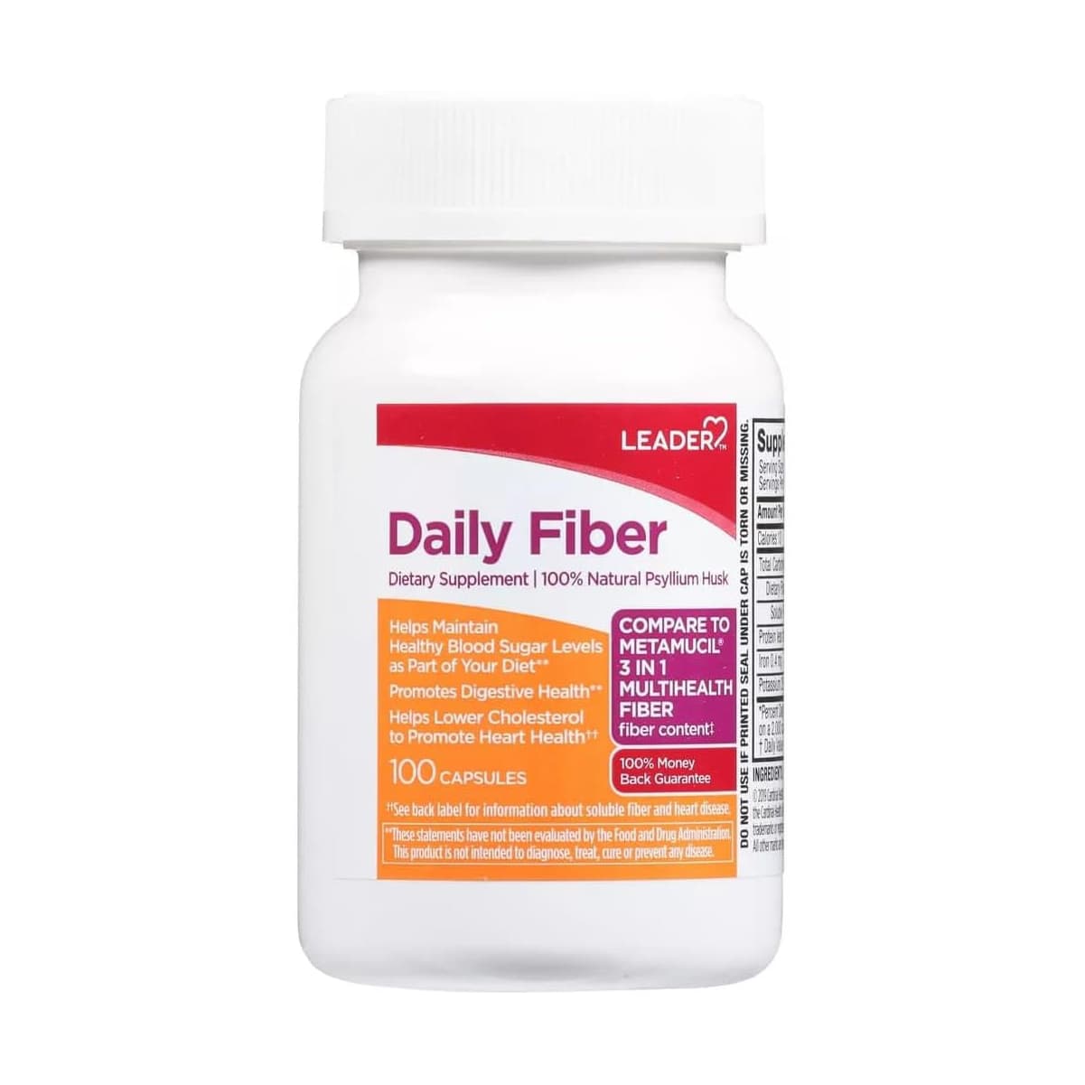 Leader Daily Fiber Dietary Supplement Capsules - Bottle of 100