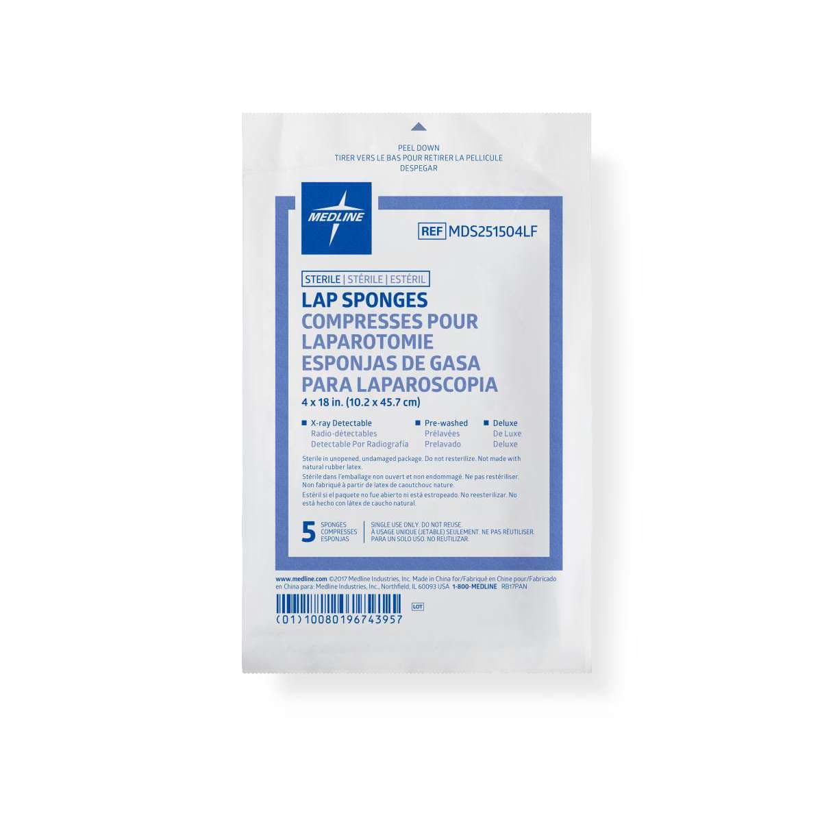 Medline X-Ray Detectable Sterile Lap Sponge, 4" x 18" - Package of 5 - Image 1
