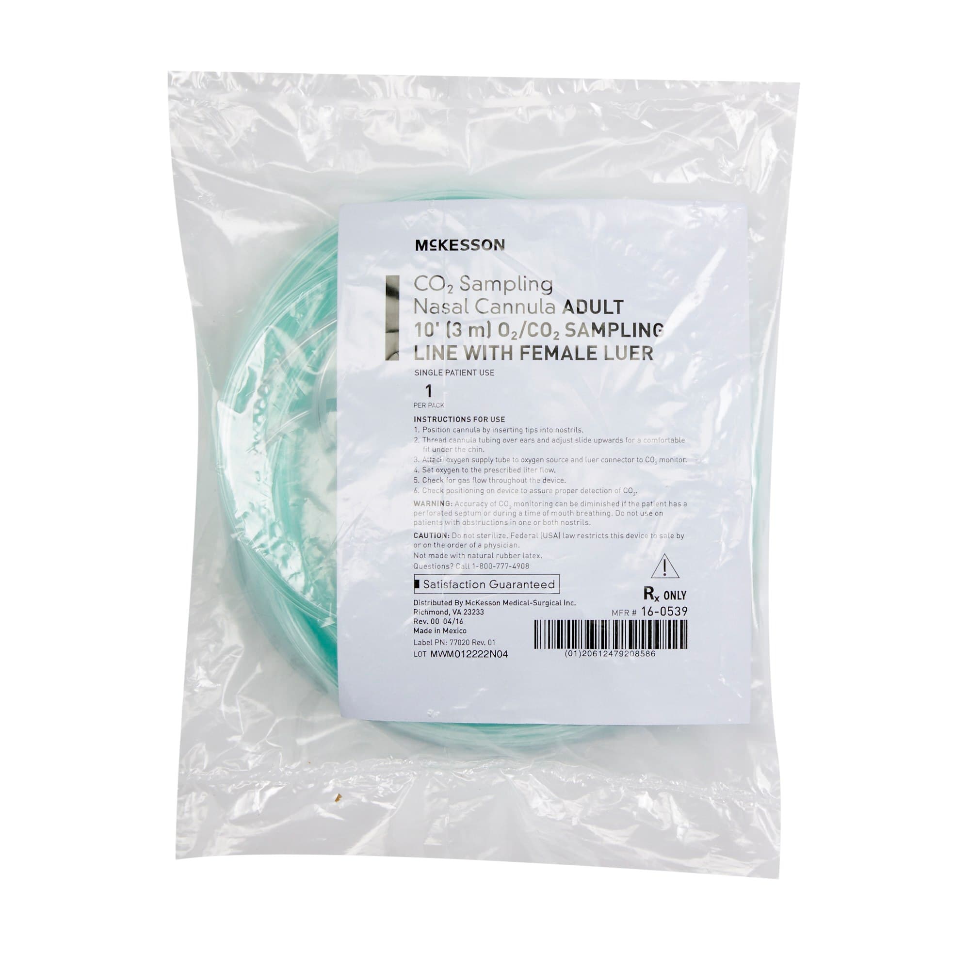 McKesson ETCO2 Nasal Sampling Cannula with O2 Delivery, Green, Female Luer Connector, 10 Foot O2 Line - Case of 25 - Image 1