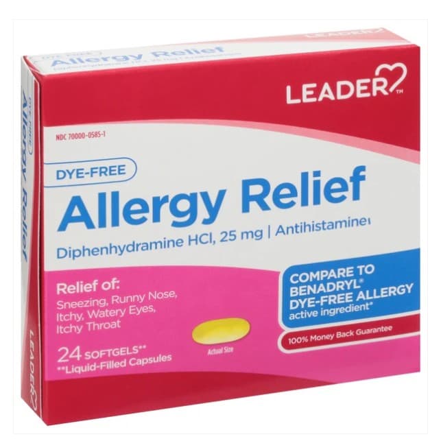 Leader Antihistamine Allergy Relief Diphenhydramine HCl Softgel, 25 mg - 24 Count