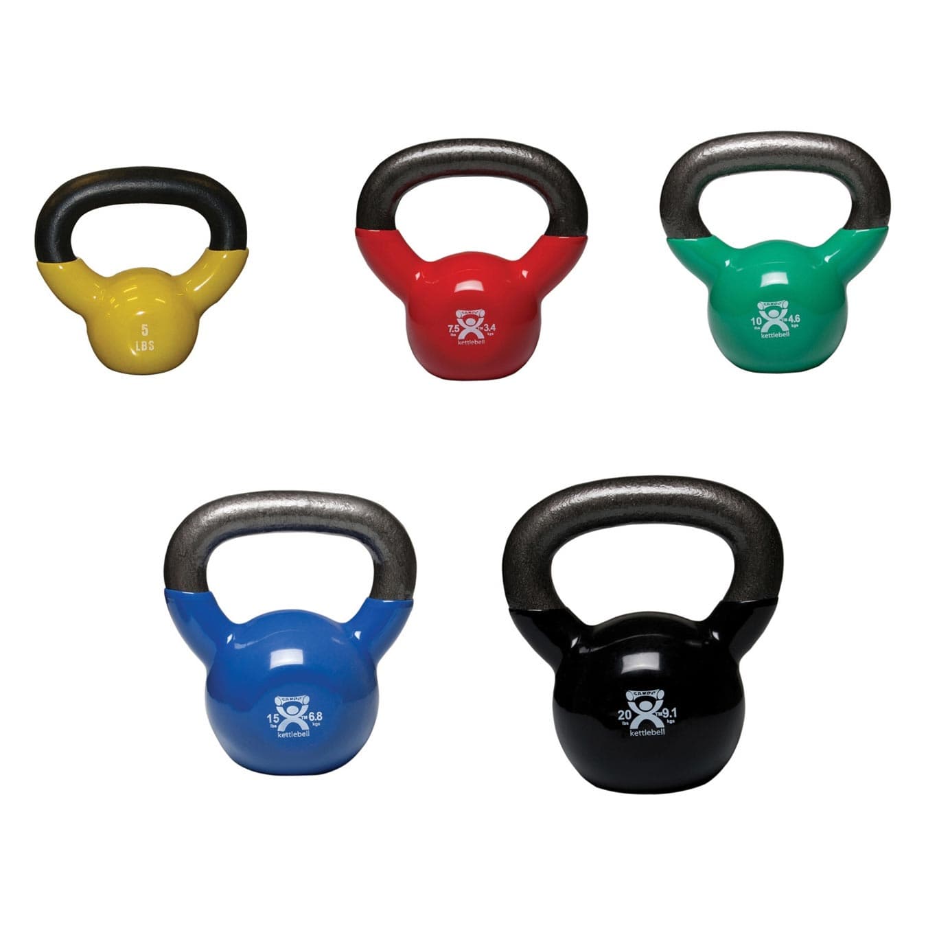 CanDo vinyl-coated kettlebell, Set of 5 piece (1 Each: 5, 7.5, 10, 15, 20 lbs.)