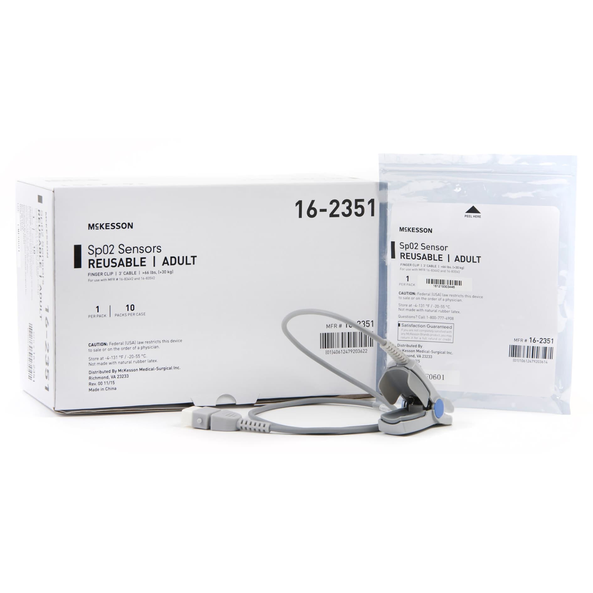 McKesson SPO2 Sensor 3 Foot Cord Finger Reusable Adult - Each - Image 1