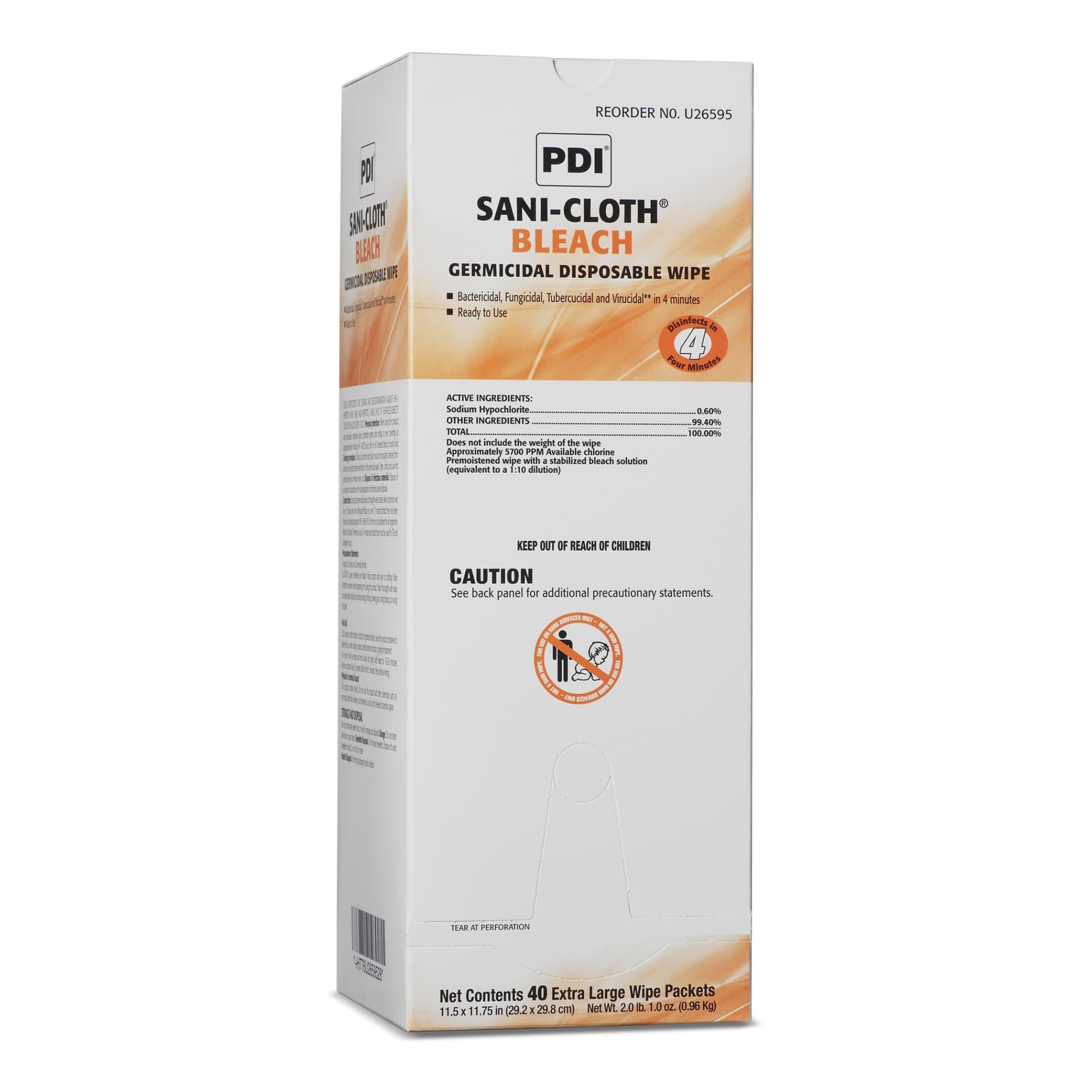 Sani-Cloth Bleach Germicidal Disposable Wipes, Individual Packet, Extra Large - Package of 40 - Image 1