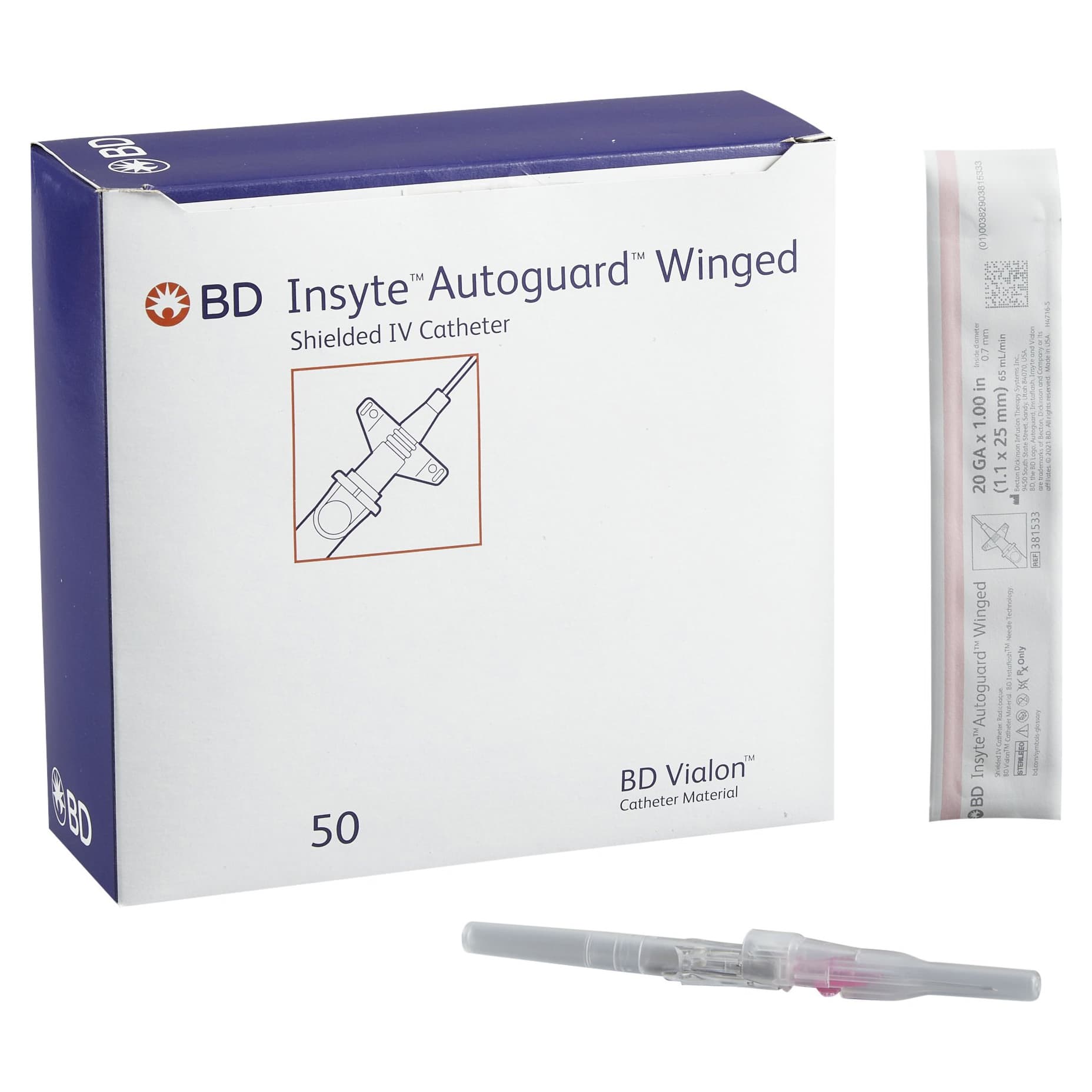 BD Insyte Autoguard Winged Shielded IV Catheters, Pink, 20 Gauge, 1 Inch - Box of 50 - Image 1