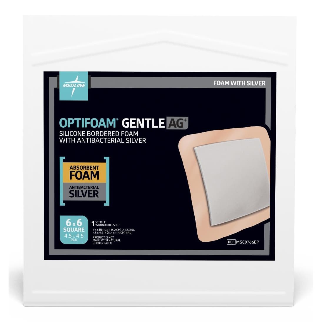 Optifoam Gentle Ag+ Silicone Bordered Foam Dressing, 6 x 6 Inch - Each - Image 1