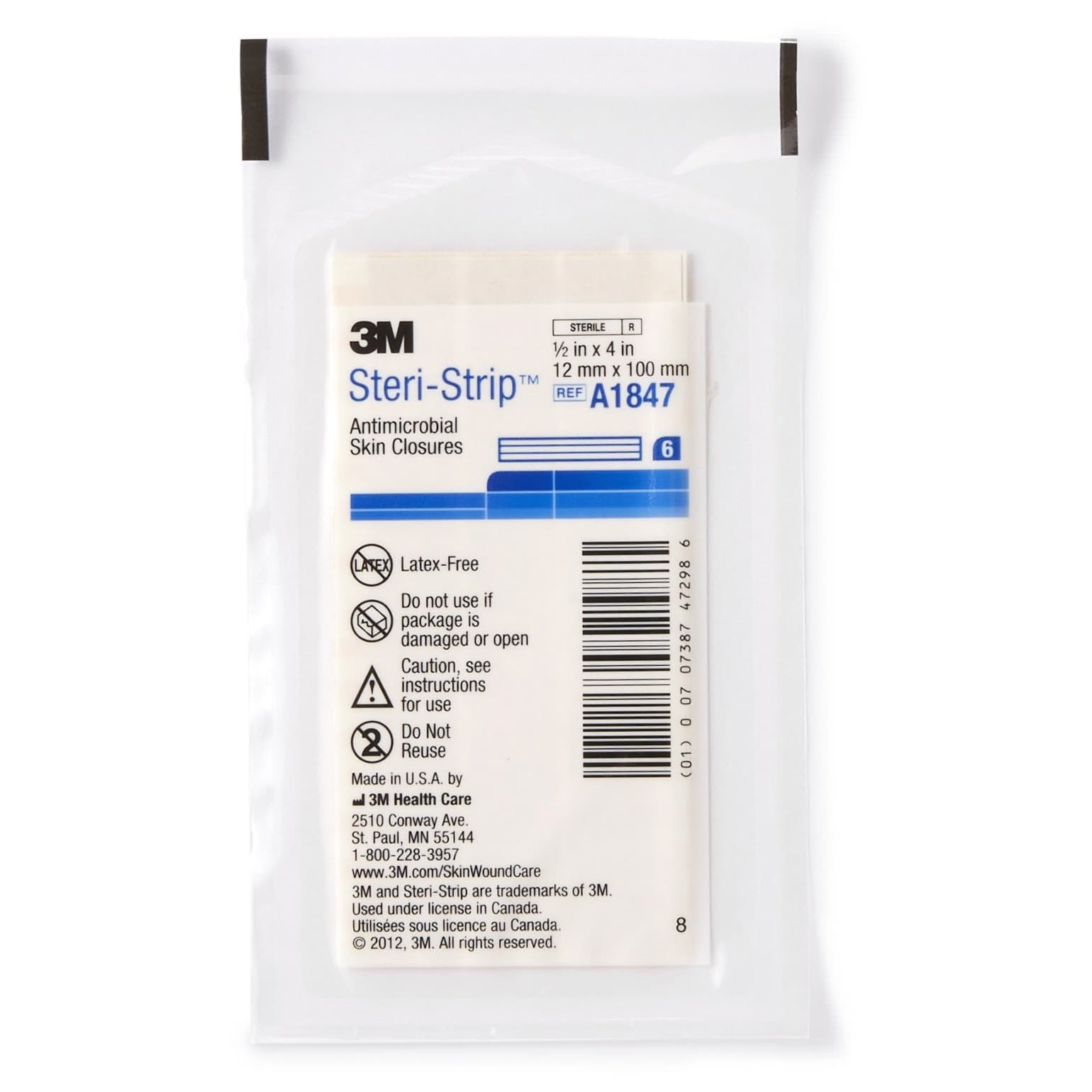 3M Steri-Strip Antimicrobial Skin Closure Strip, 4" x 1/2" - Each - Image 1