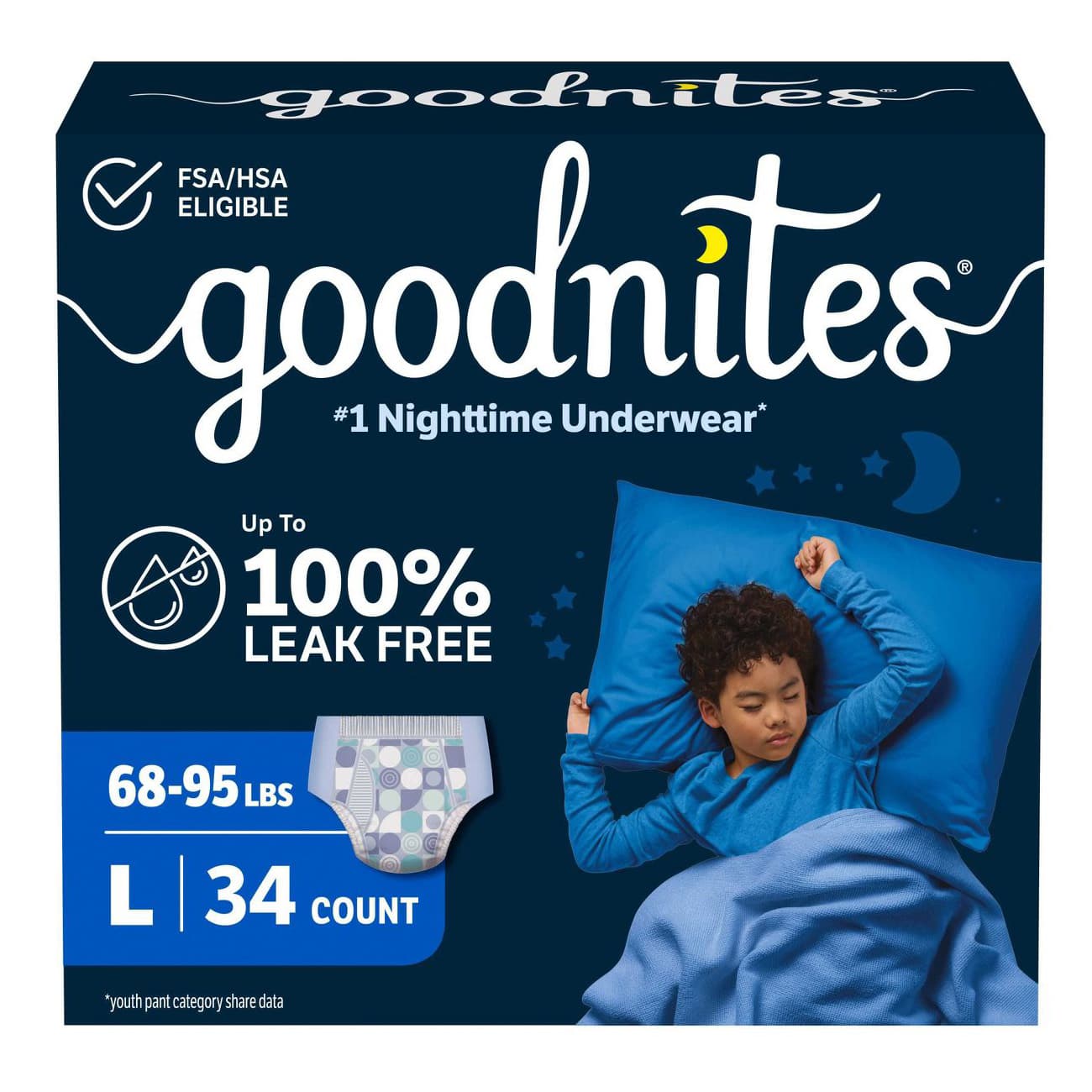 Goodnites Nighttime Underwear For Boys, Large - Box of 34 - Image 1