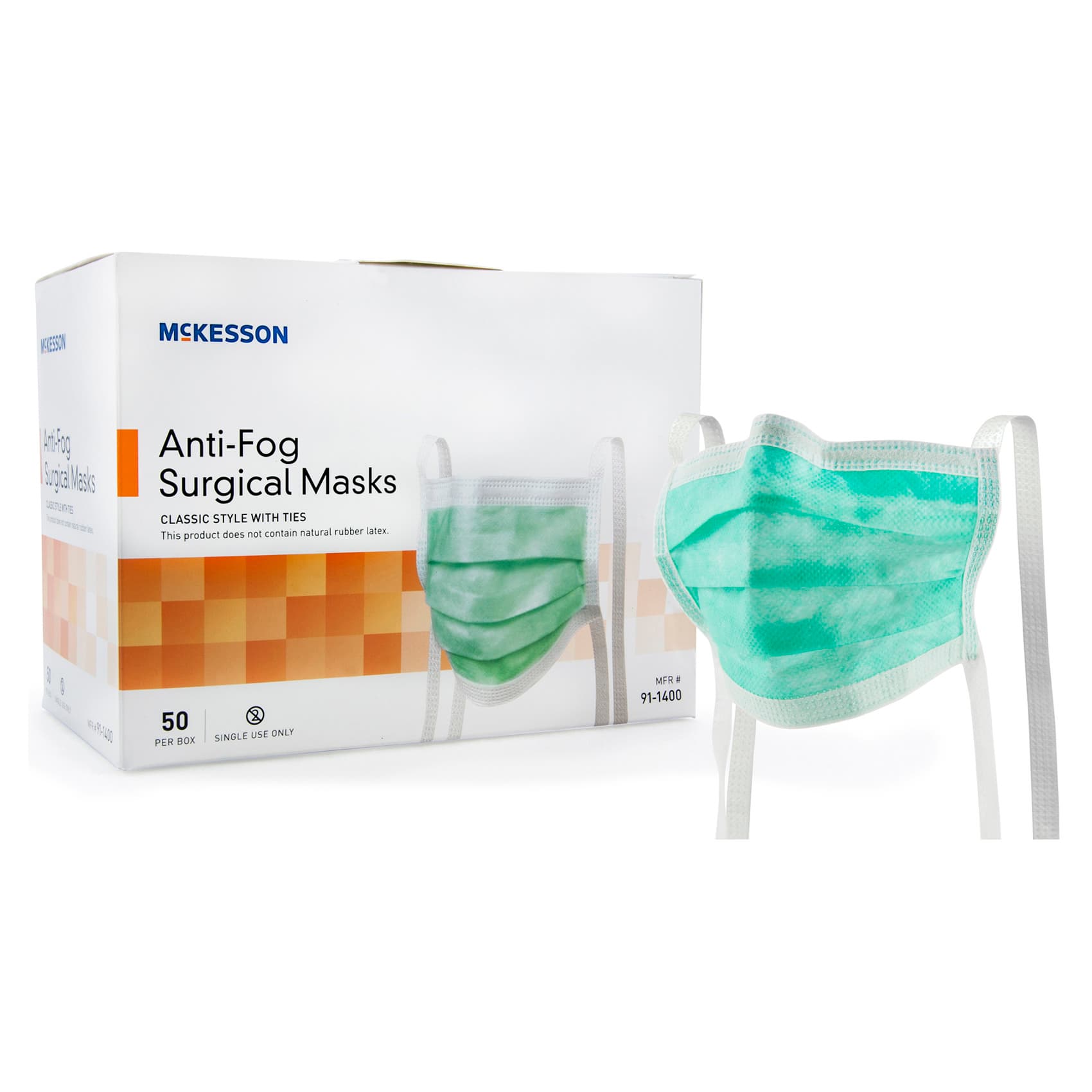 McKesson Adult ASTM Level 1 Anti-fog Pleated Tie Surgical Mask, Green - Box of 50 - Image 1