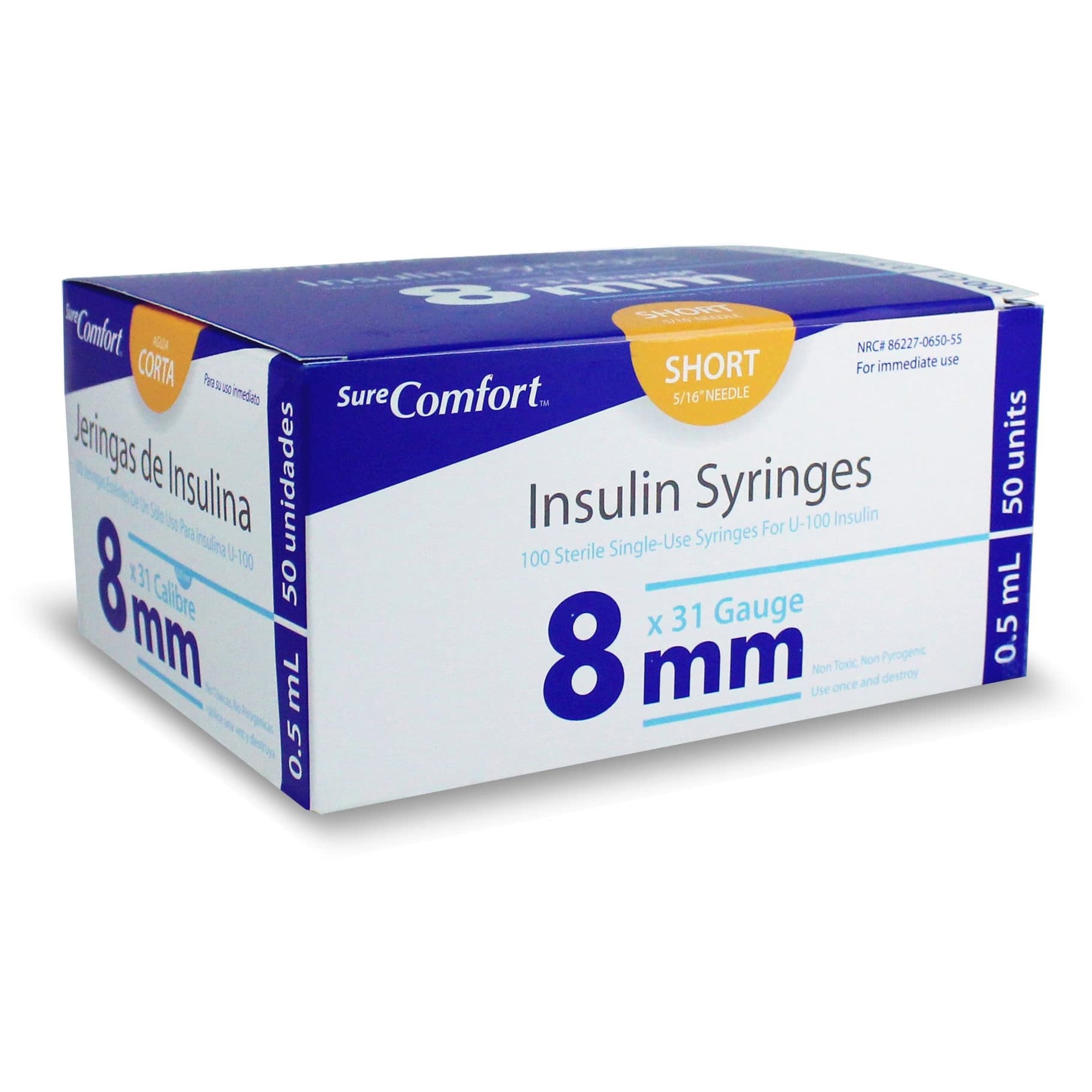 Surecomfort Standard Insulin Syringe with Attached Needle, 31 Gauge, 5/16 Inch - Case of 500 - Image 1