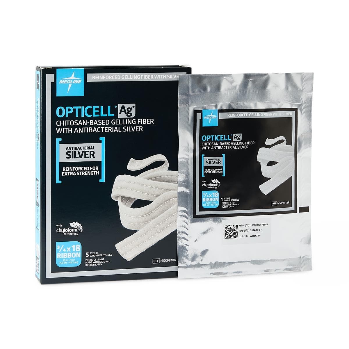 Opticell Ag+ Silver Antibacterial Gelling Fiber Dressing, 0.75 x 18 Inch - Box of 5 - Image 1