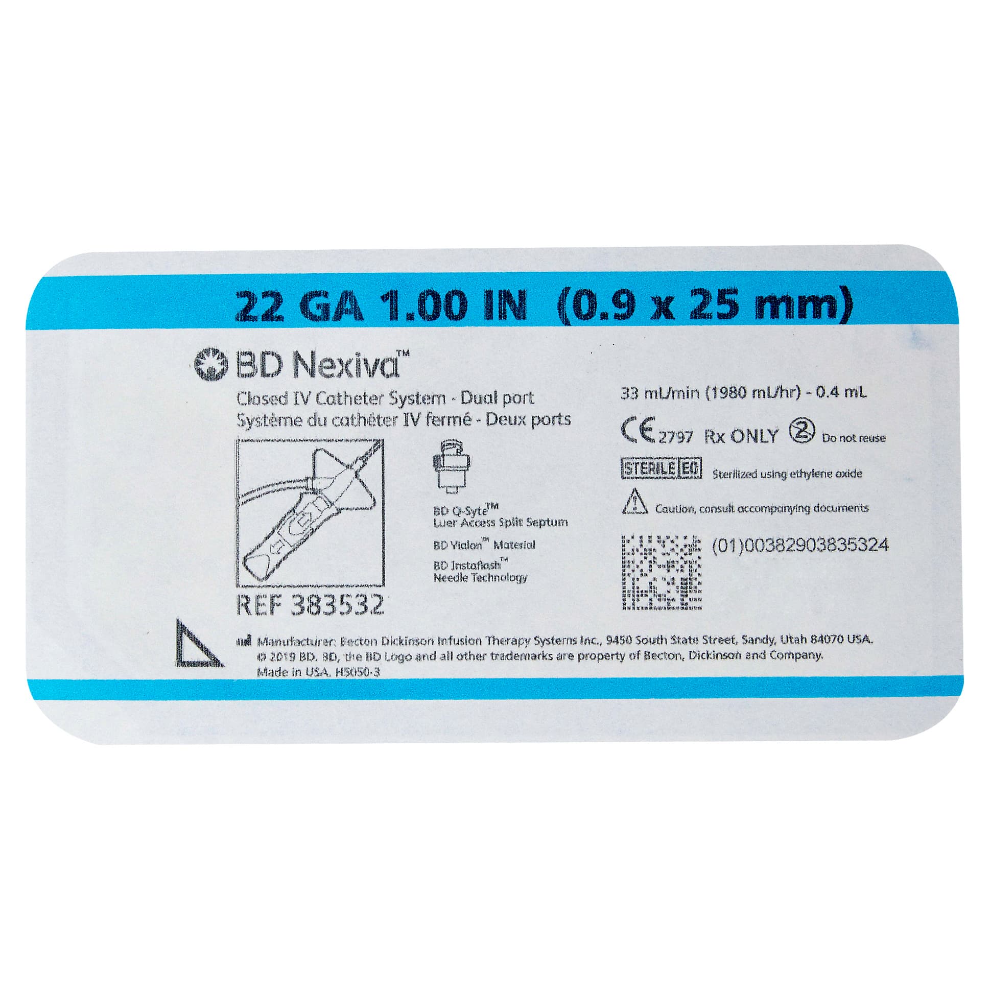 BD Nexiva Sliding Closed IV Catheter, Dual Port, Blue, 22 Gauge, 1 Inch - Each - Image 1