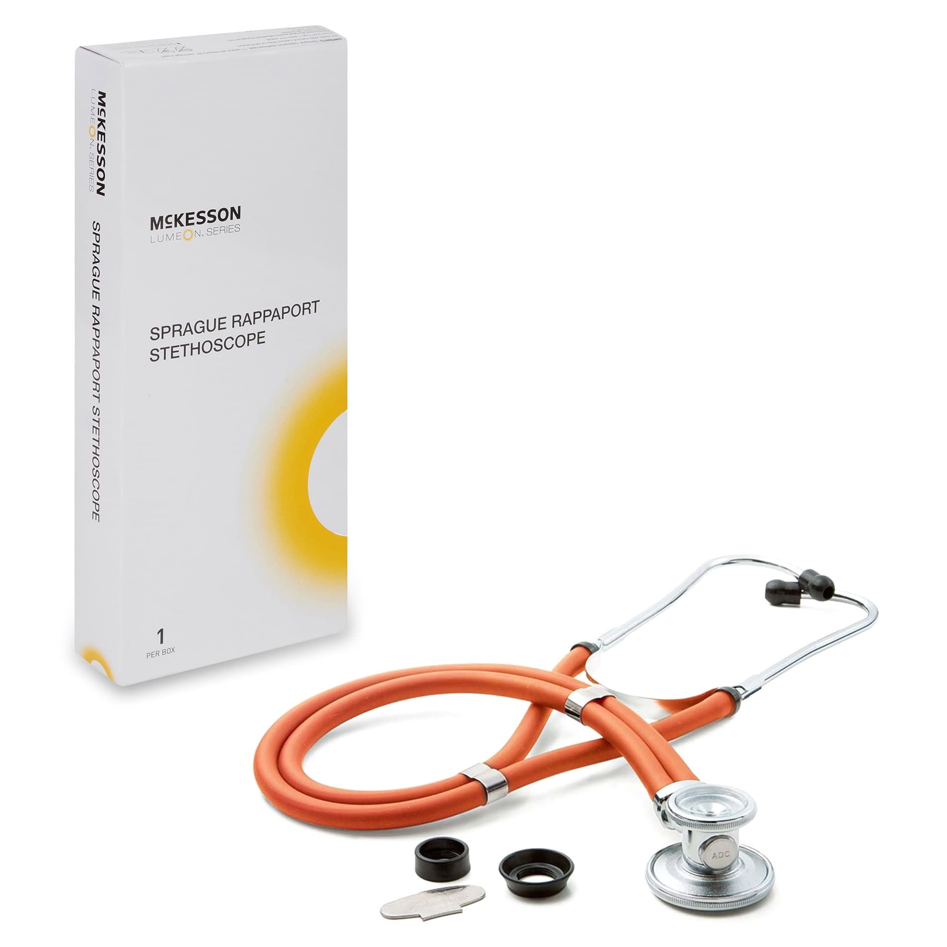 McKesson Sprague Stethoscope Chestpiece 2-Tube Double Lumen Adult-Pediatric, Orange, 22 Inch Tube - Each - Image 1