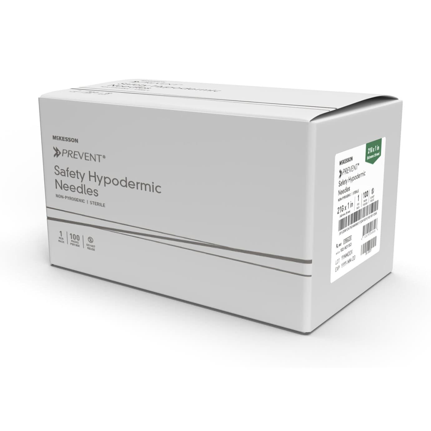 McKesson Prevent Hypodermic Needle, Green, 21 Gauge, 1 Inch Length - Box of 100 - Image 1
