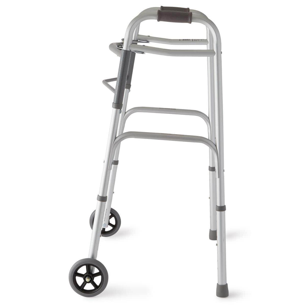 Medline Two-Button Folding Walker with 5" Wheels - Image 2