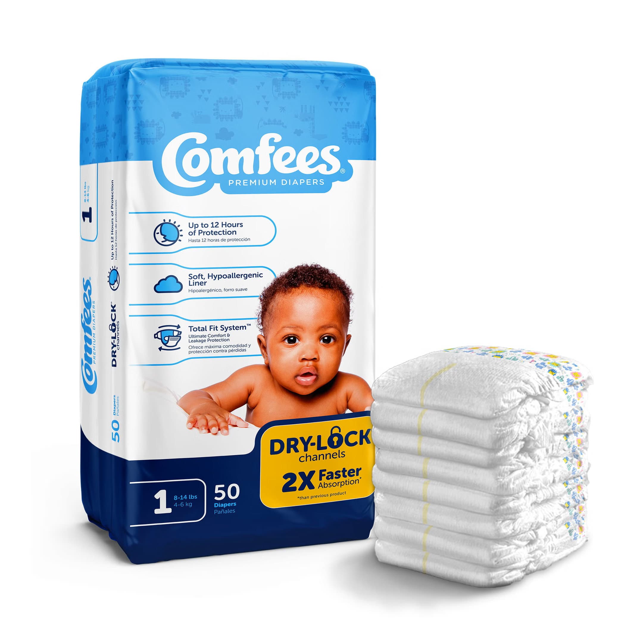 Comfees Premium Baby Diapers, Size 1 - Bag of 50 - Image 1