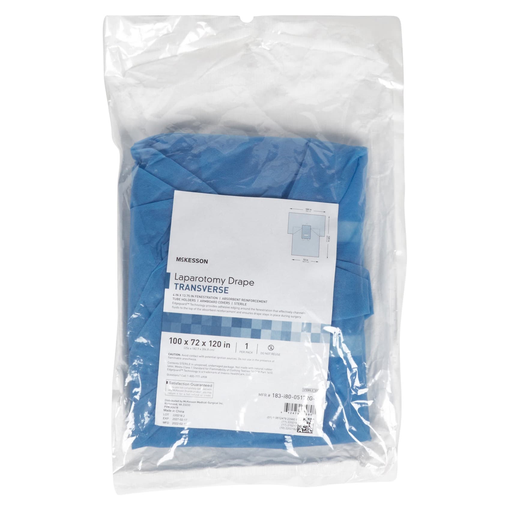 McKesson Blue Abdominal Drape Without Pouch, 100 W x 72 W x 120 L Inch