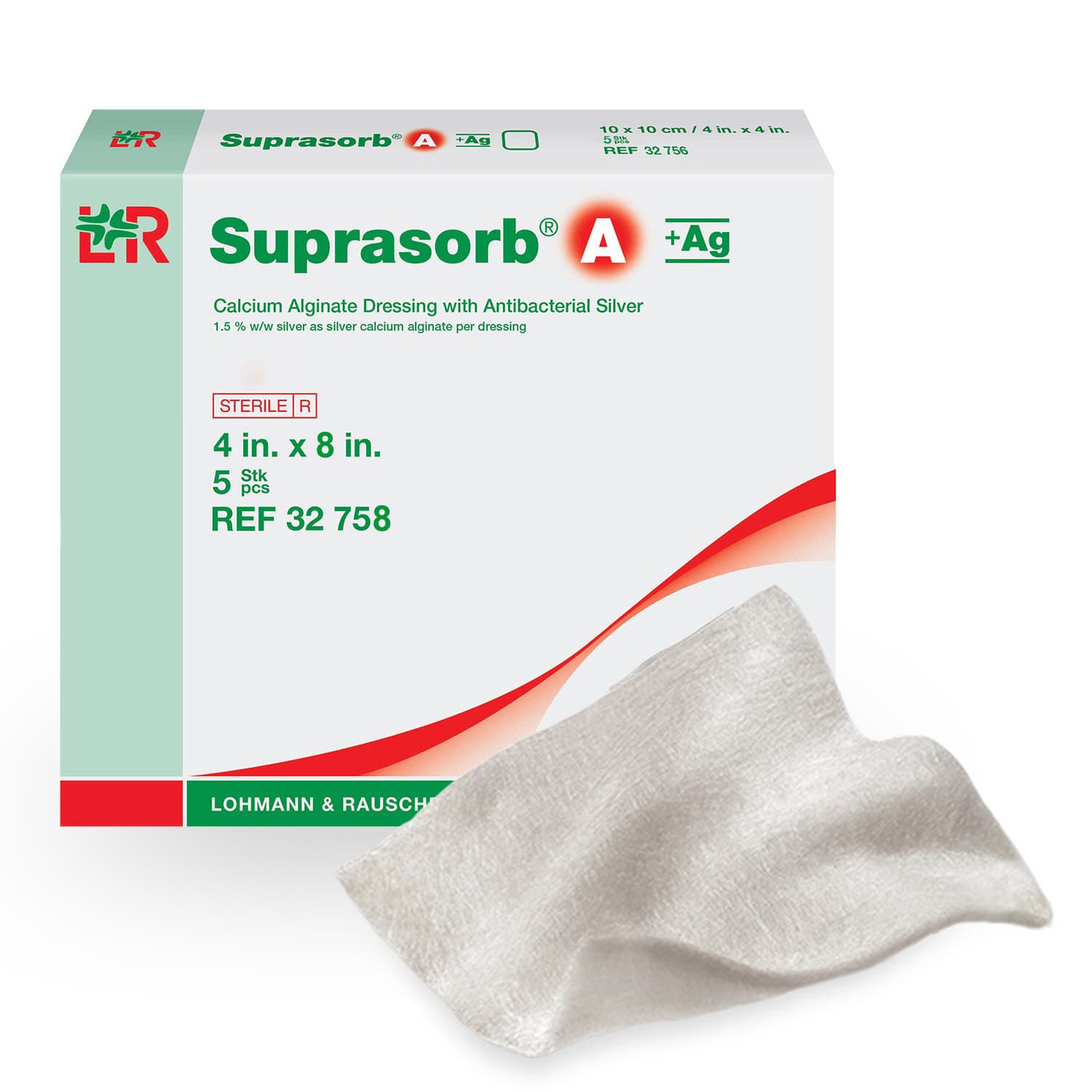 Suprasorb A + Ag Calcium Alginate Dressing, 4 x 8 Inch - Box of 5 - Image 1