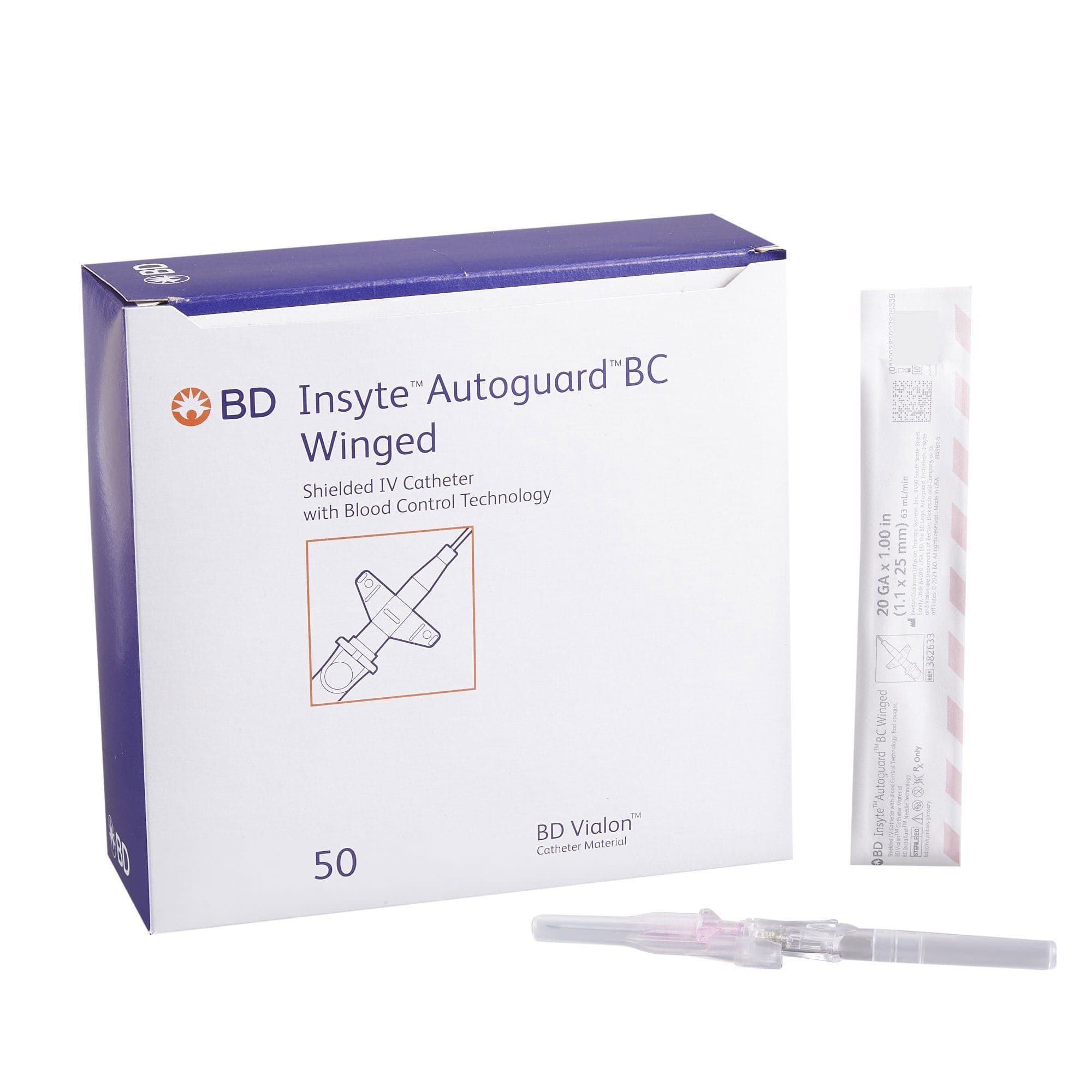 BD Insyte Autoguard BC Peripheral IV Catheter, 20 Gauge, 1 Inch, 63 mL per min - Box of 50 - Image 1