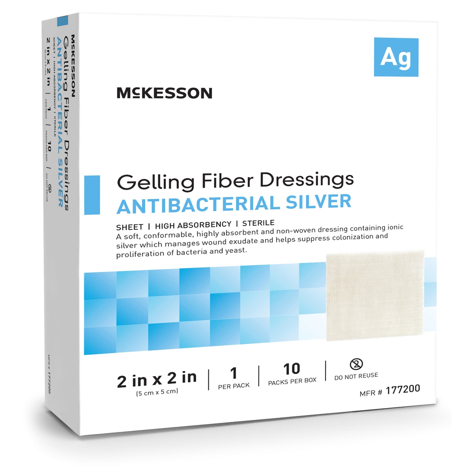 McKesson Silver Gelling Fiber Dressing White Ionic Silver Square Sterile, 2 x 2 Inch, 10 Count - Box of 10 - Image 1