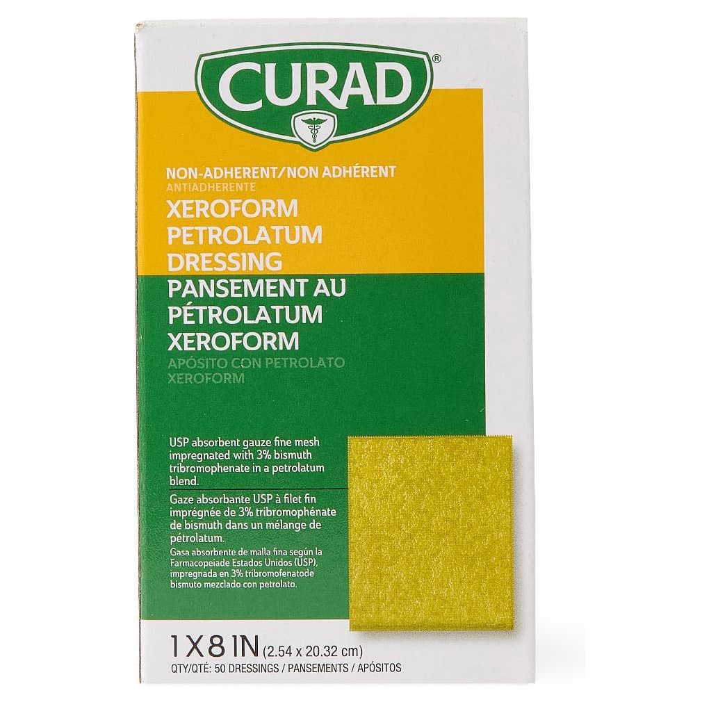 Curad Non Adherent Xeroform Petrolatum Gauze Dressing, 1 x 8 Inch - Case of 200 - Image 1