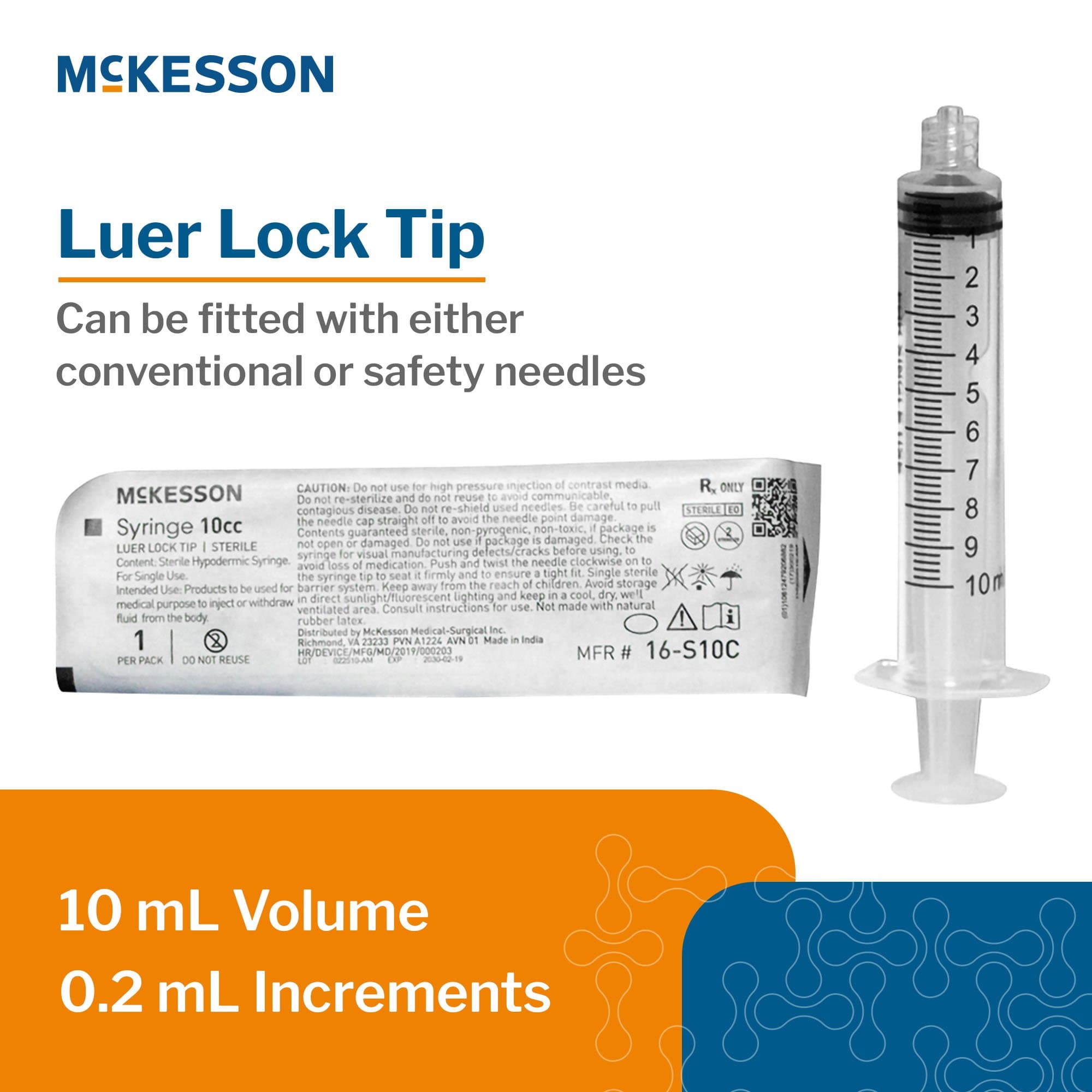 McKesson General Purpose Syringe, Luer Lock Tip, 10 mL - Box of 100 - Image 1