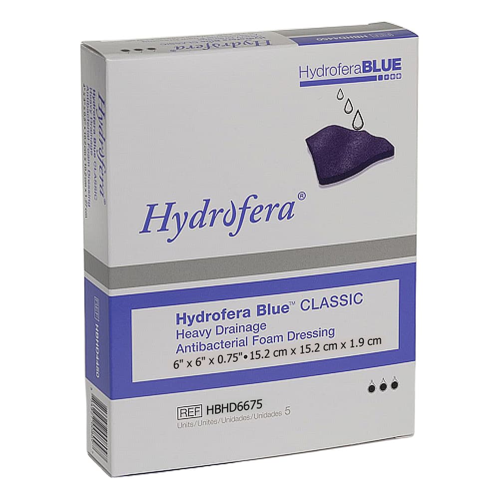 Hydrofera Blue Classic Heavy Drainage Antibacterial Foam Dressing, 6 x 6 Inch - Box of 5 - Image 1