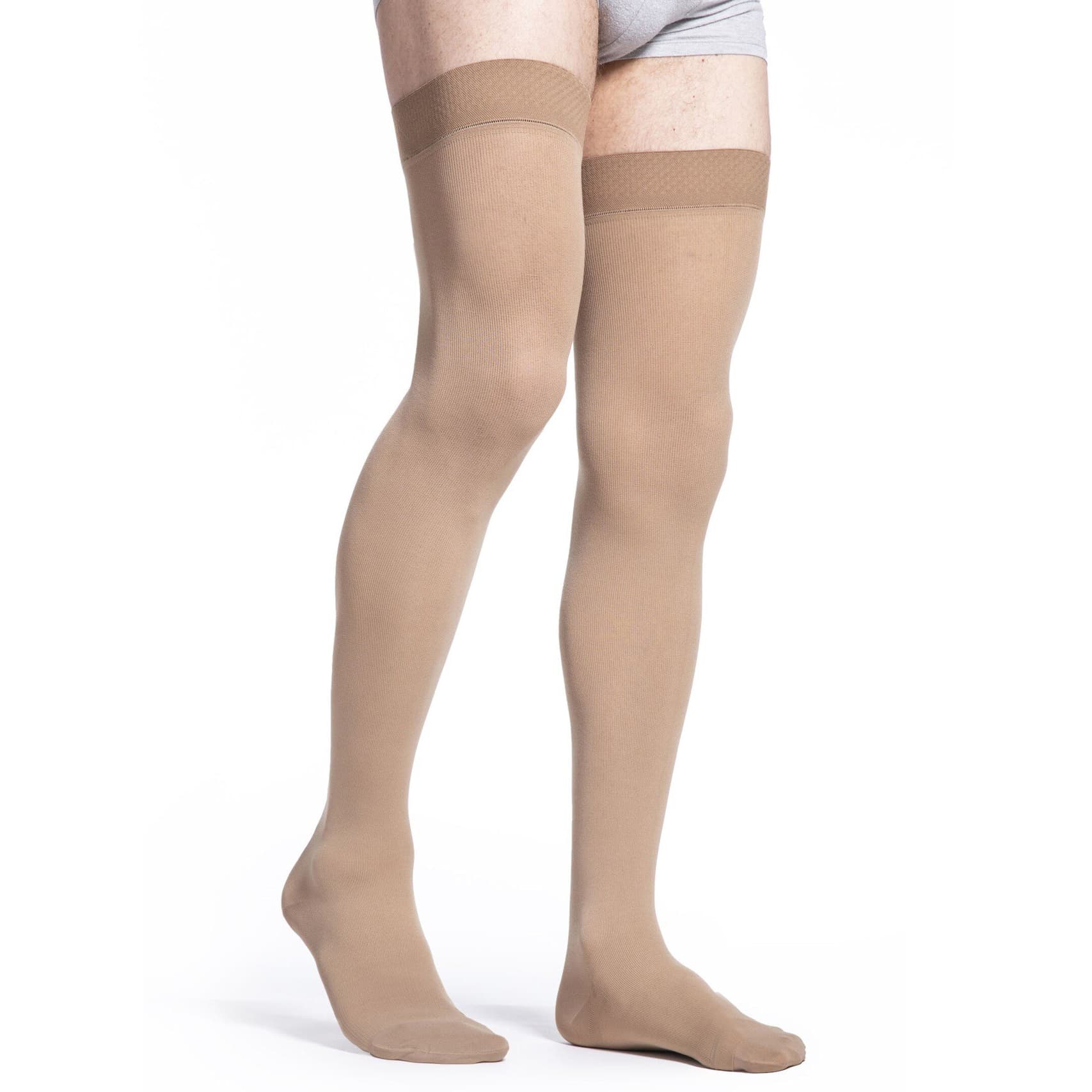 Sigvaris Essential Cotton Men Thigh-High with Grip-Top Compression Stockings 20-30 mmHg, Closed Toe, Large-Short, Crispa - Pair - Image 1