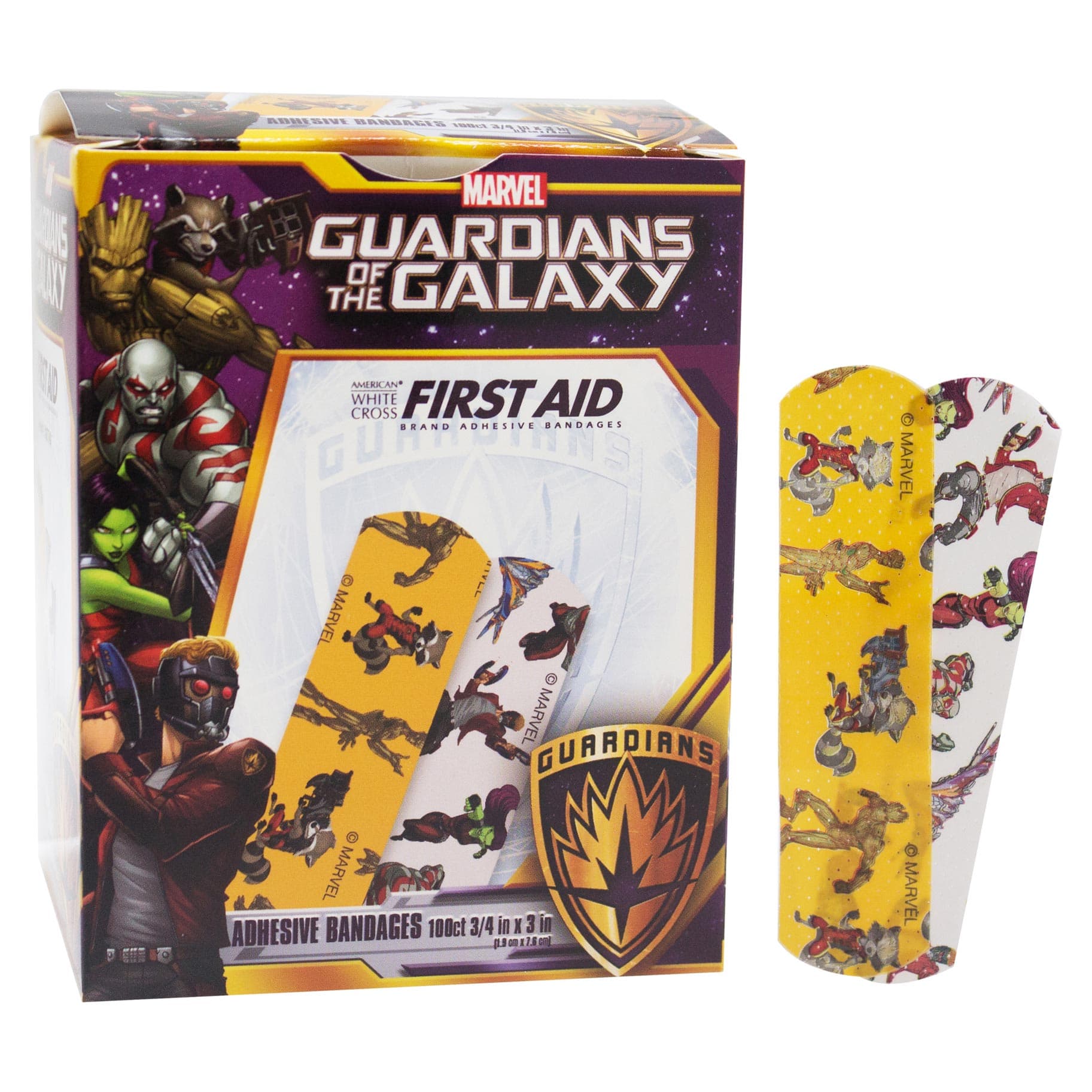 Dukal American White Cross Stat Strip Adhesive Bandages, Guardians of the Galaxy, 3/4" x 3" - Box of 100 - Image 1