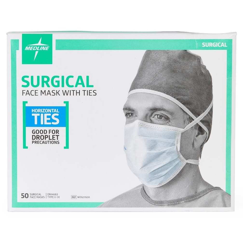 Medline ASTM Level 1 Surgical Mask with Horizontal Ties, Blue - Box of 50 - Image 1