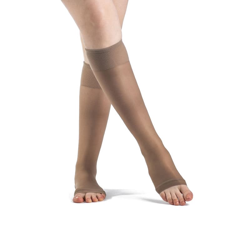 Sigvaris Sheer Fashion Knee High Compression Socks 15-20mmHg, Open Toe, Size A, Taupe - Pair - Image 1