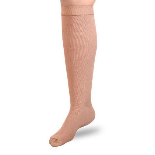 ExoStrong Below Knee Open toe Compression Stocking, Silicone Top, Short, Small, Beige - Image 1
