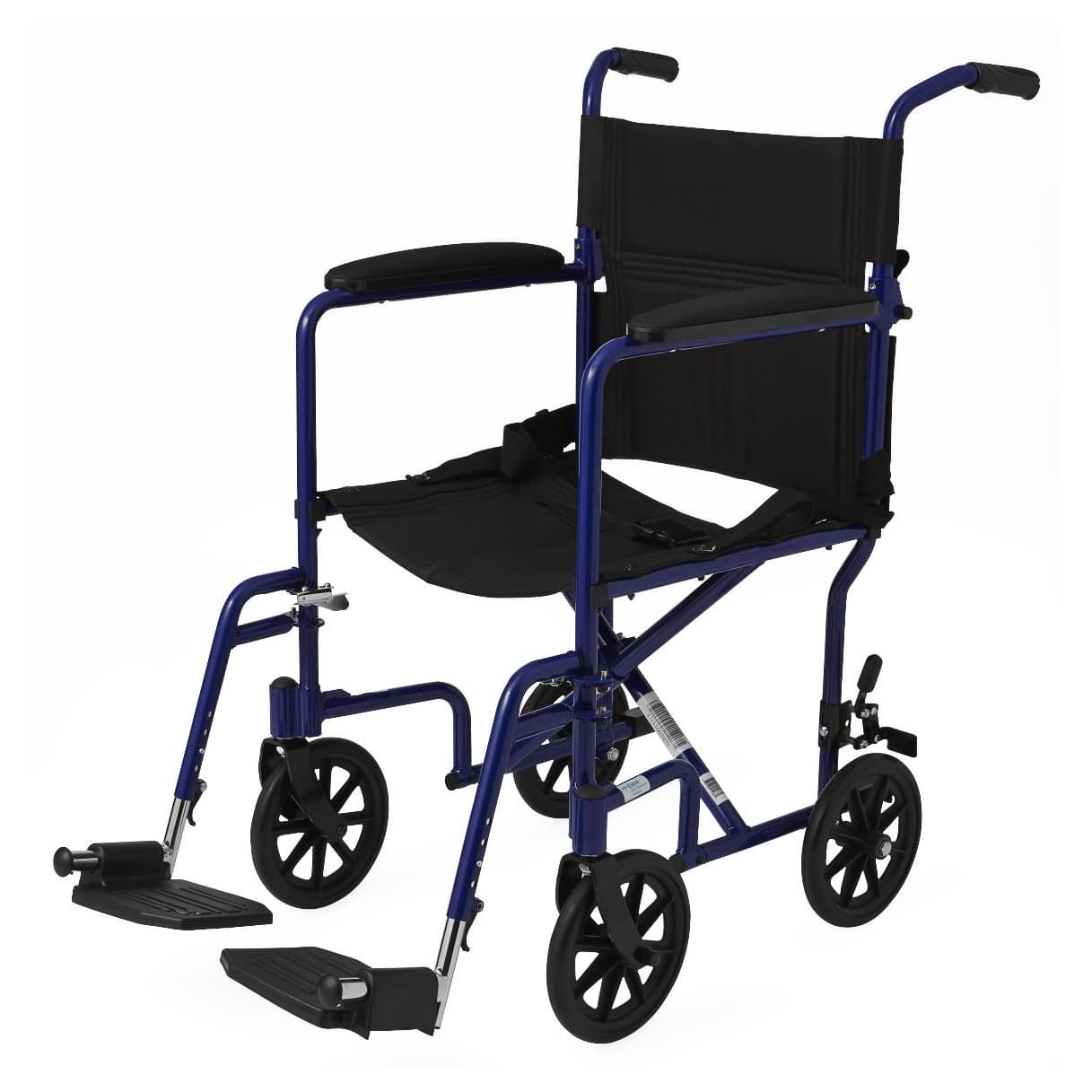 Medline Basic Aluminum Transport Chair 17"W x 16"D Seat with 8" Wheels - Blue Frame - Image 1