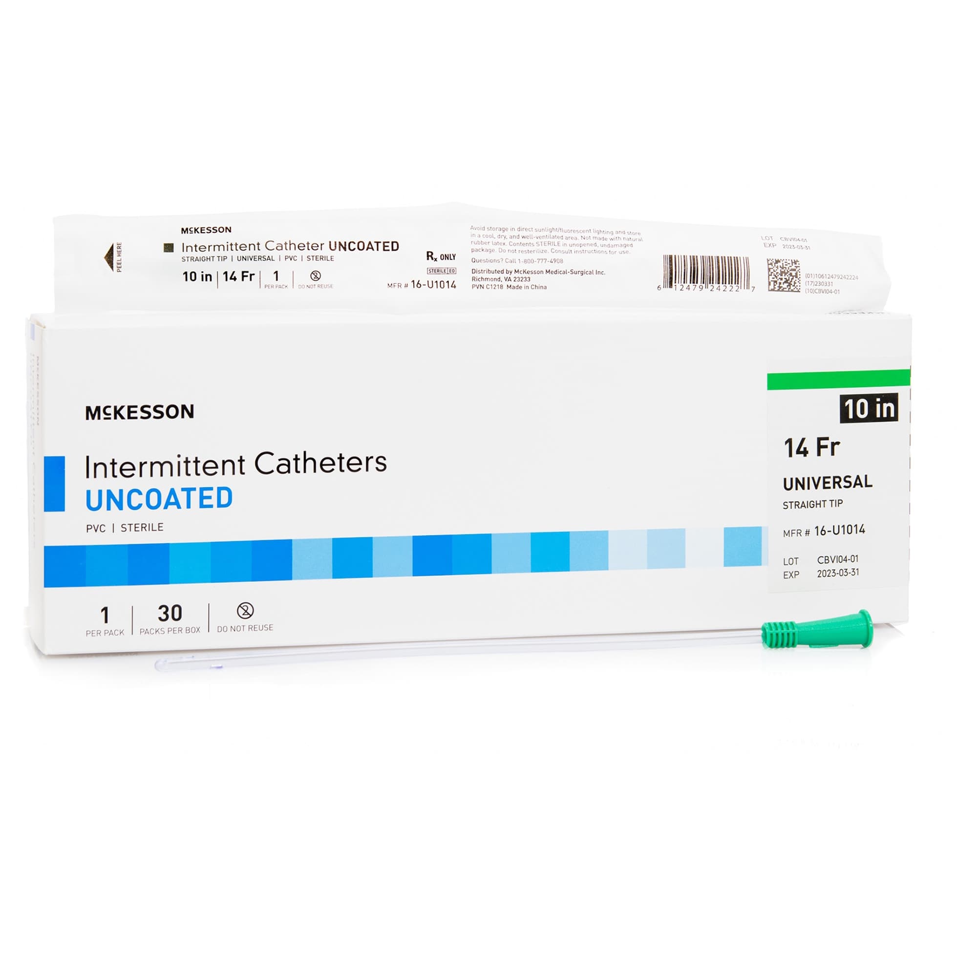 McKesson Urethral Catheter Polished Staggered Eyelets Disposable, Green, 14 Fr, Unisex, 10 Inch - Box of 30 - Image 1