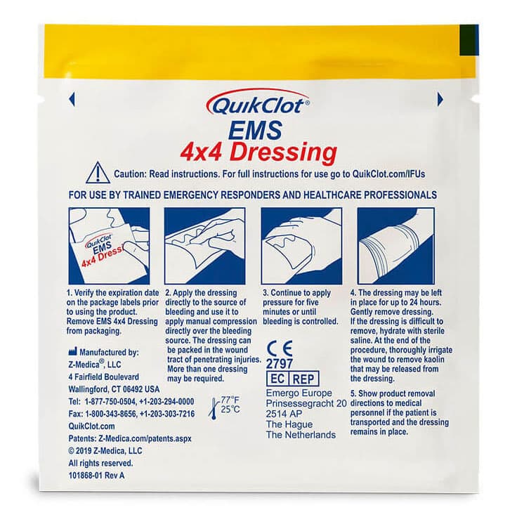 QuickClot EMS Hemostatic Dressing with X-Ray Indicator 4 x 4 Inch Sterile - Box of 10 - Image 4