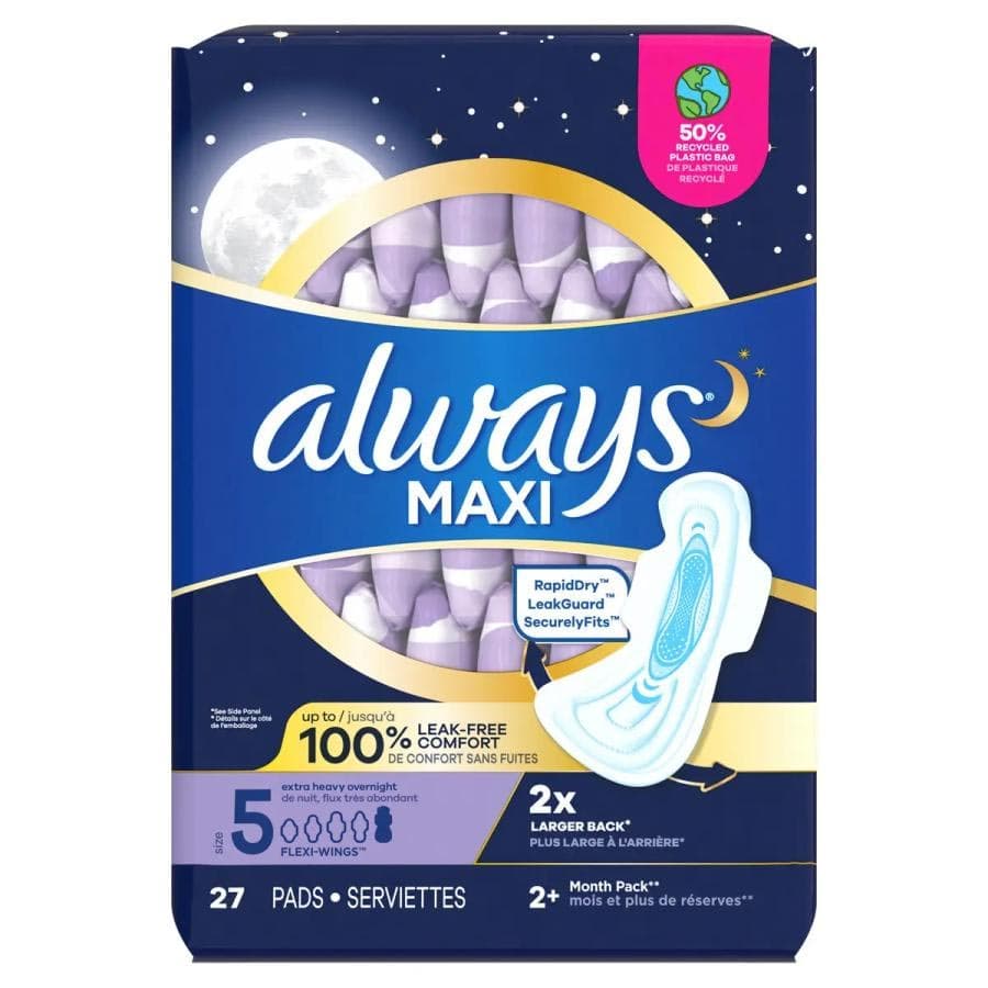 Always Maxi Overnight Pads with Wings for Women, Size 5 - Package of 27 - Image 1