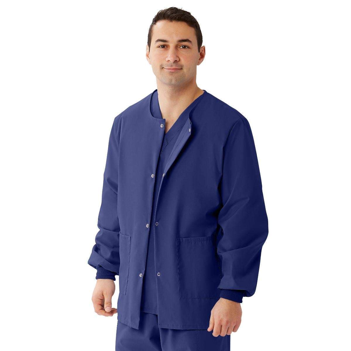 Medline AngelStat Unisex Snap-Front Warm-Up Scrub Jacket, Navy, 3XLarge - Image 1