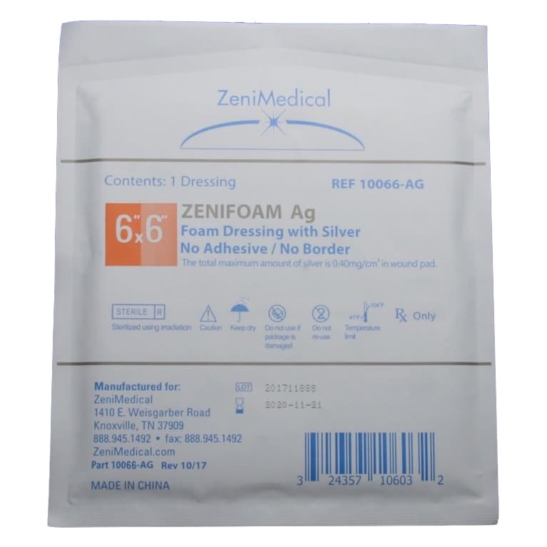 ZeniFoam Ag Polyurethane Foam Dressing with Silver, 6 x 6 Inch - Each - Image 1