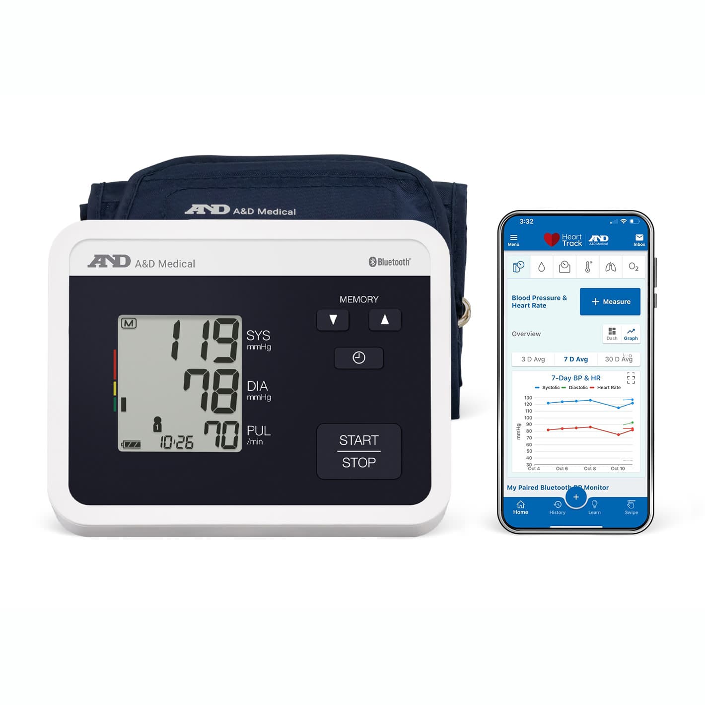 A&D Medical Multi-User Bluetooth BP Monitor, Wide Range Cuff 8.6"-16.5" - Each - Image 1