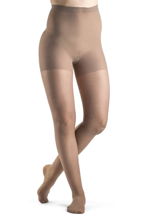 Sigvaris Sheer Fashion Closed Toe Compression Pantyhose, 15-20mmHg Size D, Taupe - Pair - Image 1