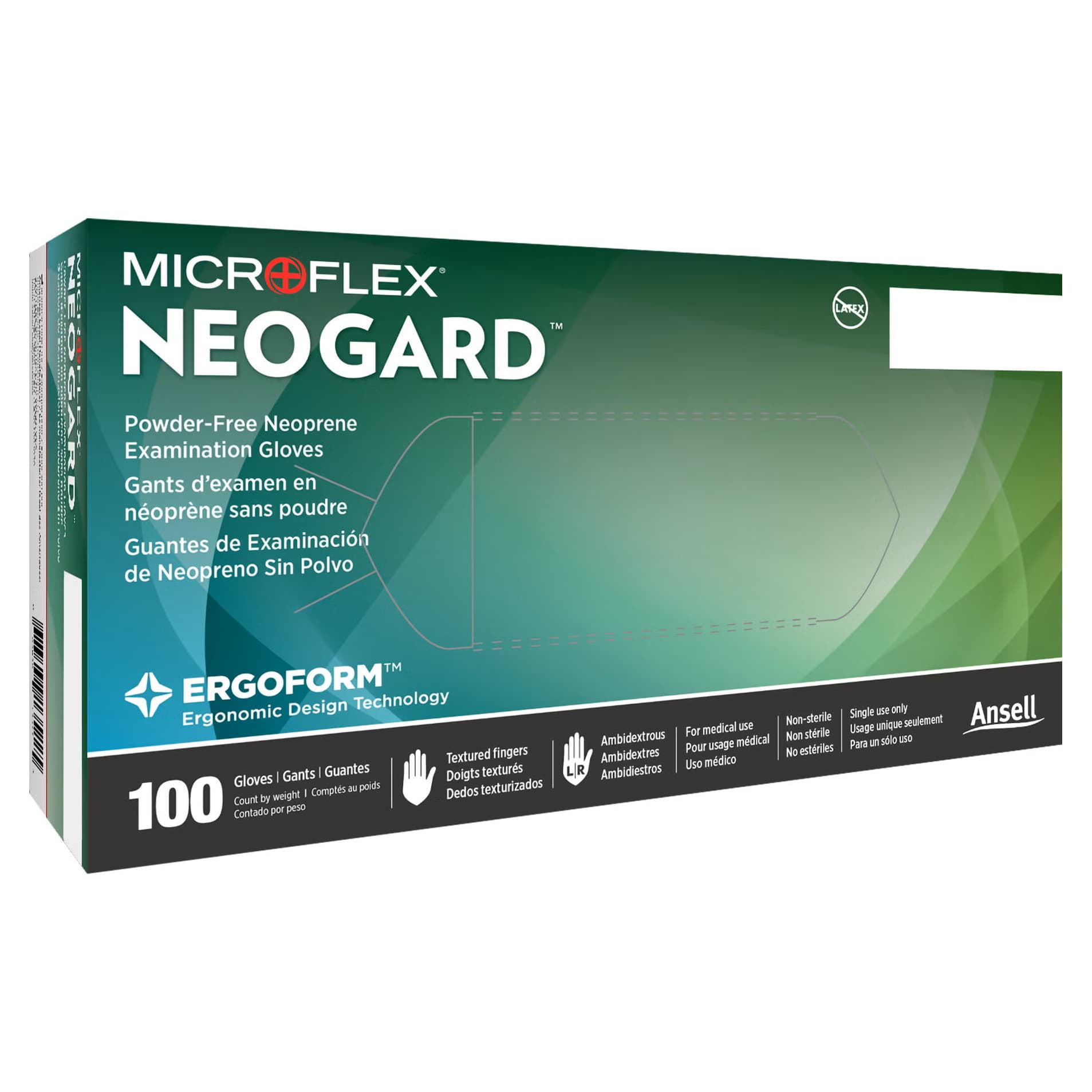 Ansell Microflex Neogard Powder-Free Medical-Grade Exam Gloves, Green, Medium - Case of 1000 - Image 1