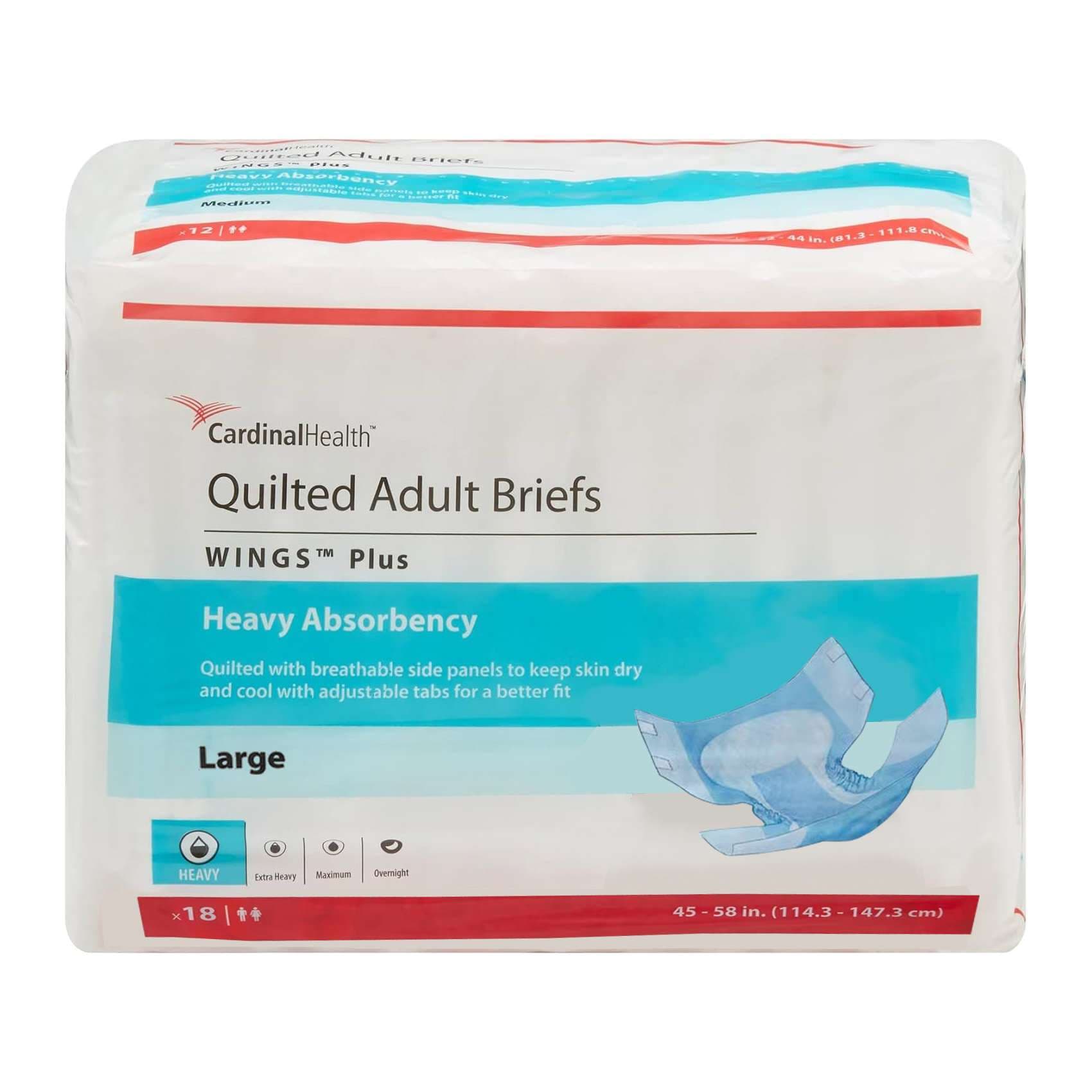 Cardinal Wings Plus Quilted Adult Briefs, Heavy Absorbency, Large - Case of 72 - Image 1