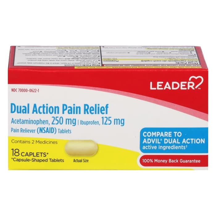 Leader Dual Action Pain Reliever Caplets, (Compare To Advil Dual Action) - Pack of 18