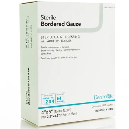 DermaRite Sterile Bordered Gauze Dressing with Adhesive Border, 4 x 5 Inch - Box of 25 - Image 1