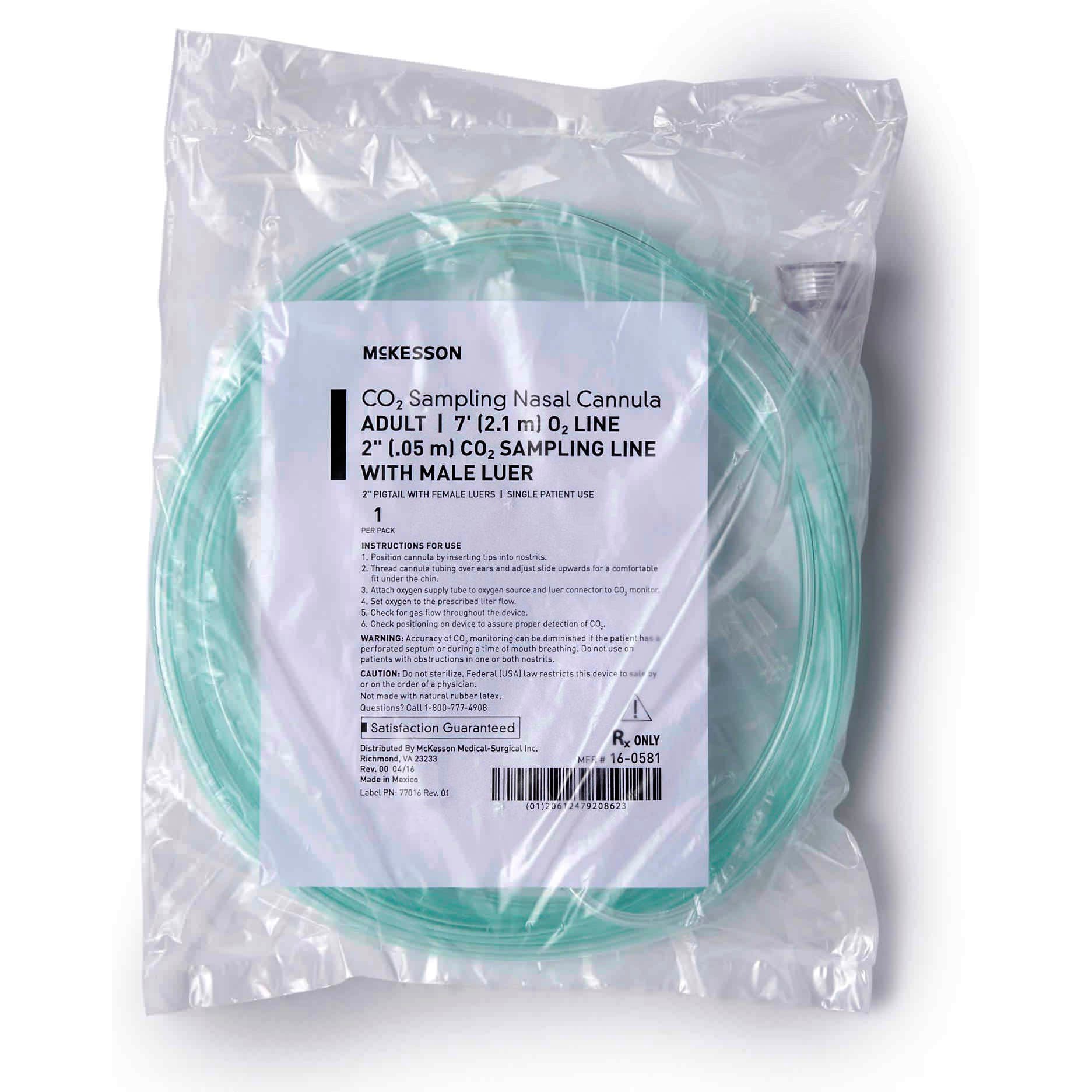McKesson ETCO2 Nasal Sampling Cannula with 7 Foot O2 Delivery Tube, Green, Male Luer Connector, 2 Inch Pigtail Female Luer Connector - Each - Image 1